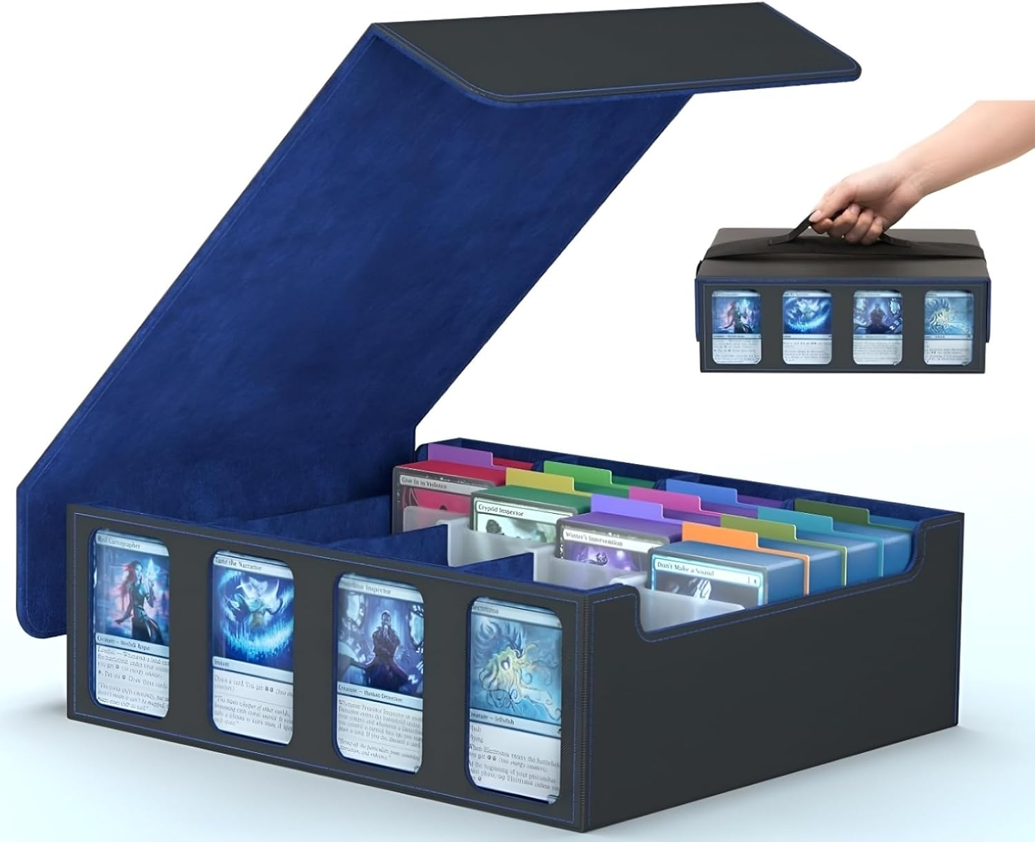 Cyperever PU Leather Trading Card Storage Box, Playing Card Case with 4 Display Windows, Magnetic Closure Storage Boxes with 3000+ Trading Cards Storage, 48 Colorful Dividers, 4 Supporters & Strap image number 1