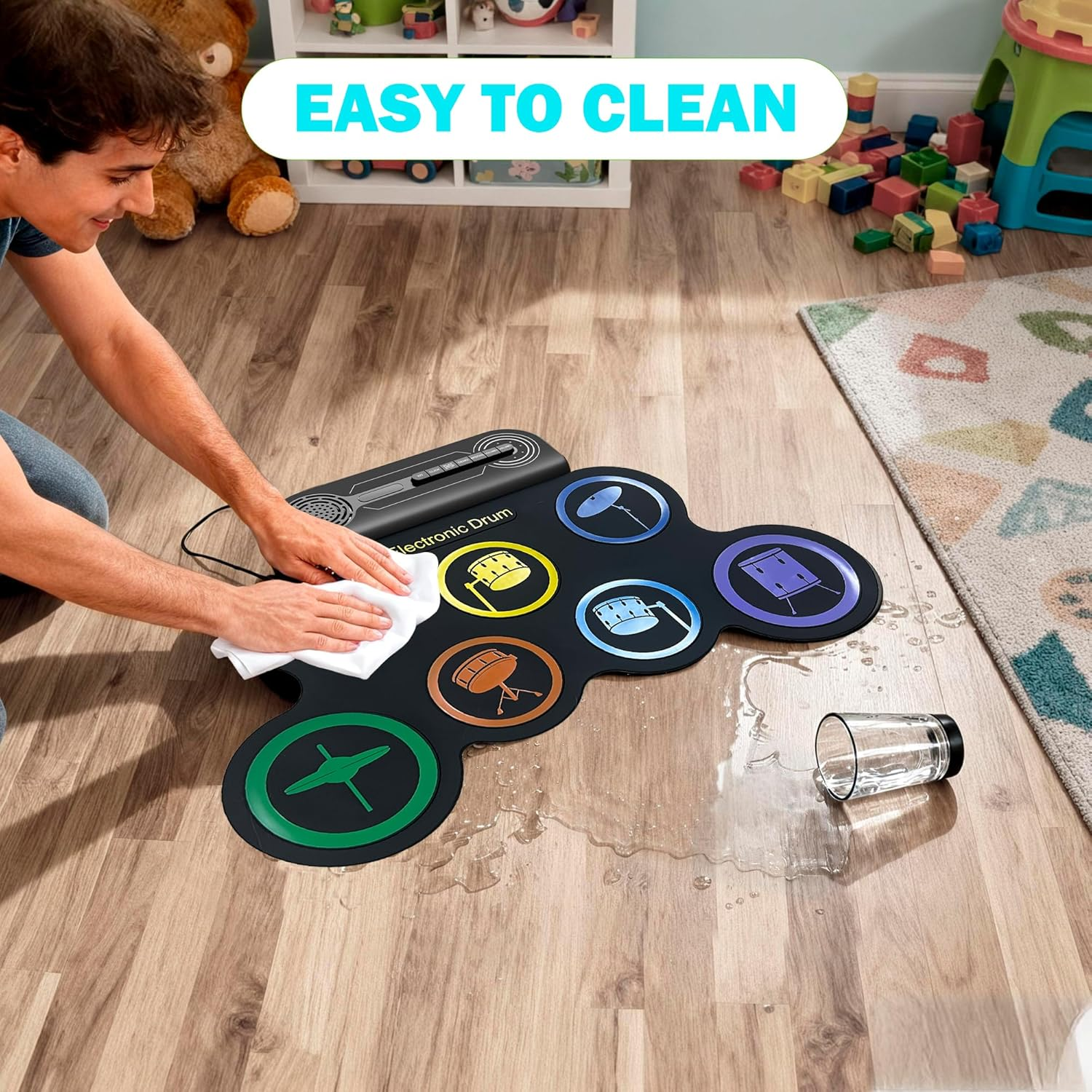 Electric Drum Kit Built-In Speaker, Kids Electronic Drum Practice Pad Set, Portable Roll up Drum Machine with Drumsticks, 2 Foot Pedals，Great Birthday for Boys Girls image number 2