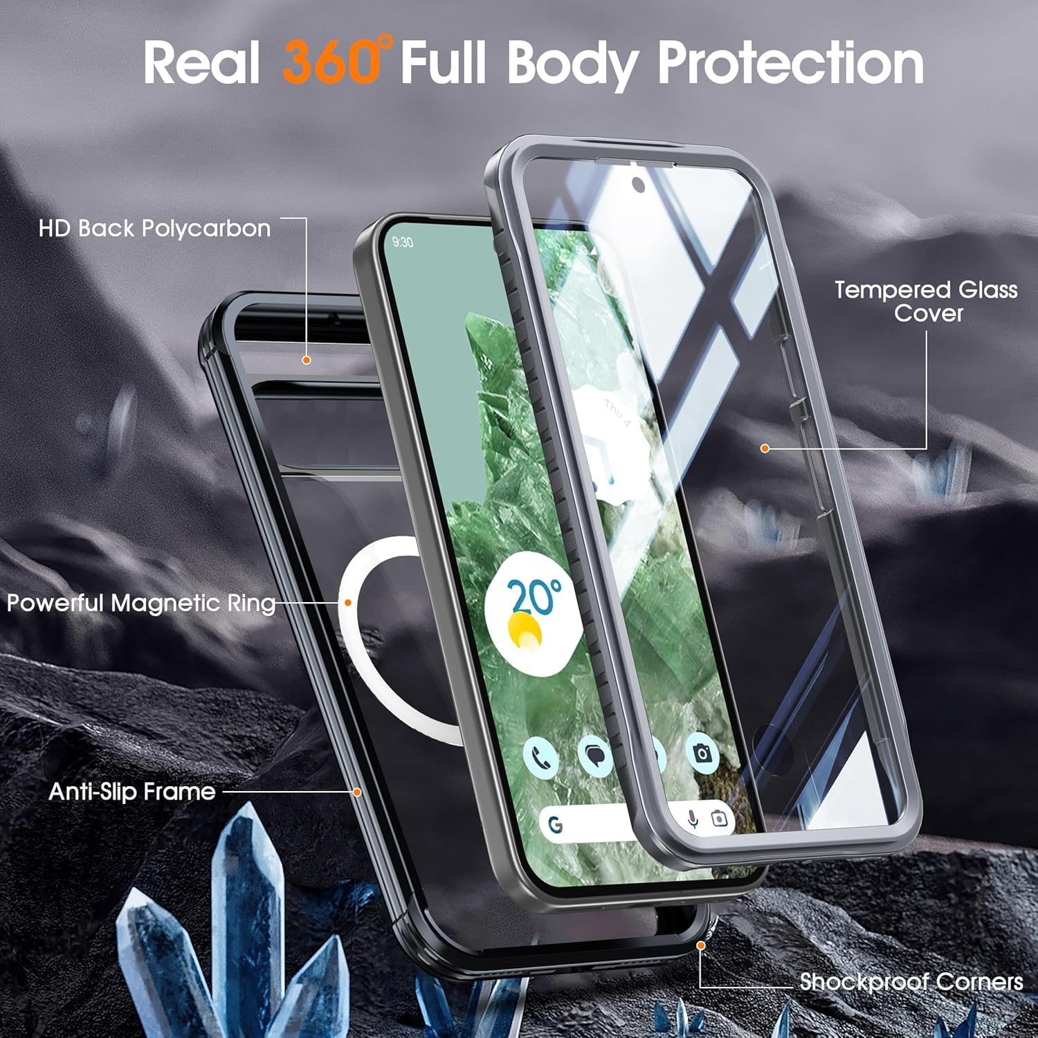 ELEPIK for Pixel 9A Case [Built-In 9H Screen Protector] [Compatible with Magsafe] [Full-Body Protection] Phone Case for Google Pixel 9A with Dustproof, Wireless Charging, Black image number 2