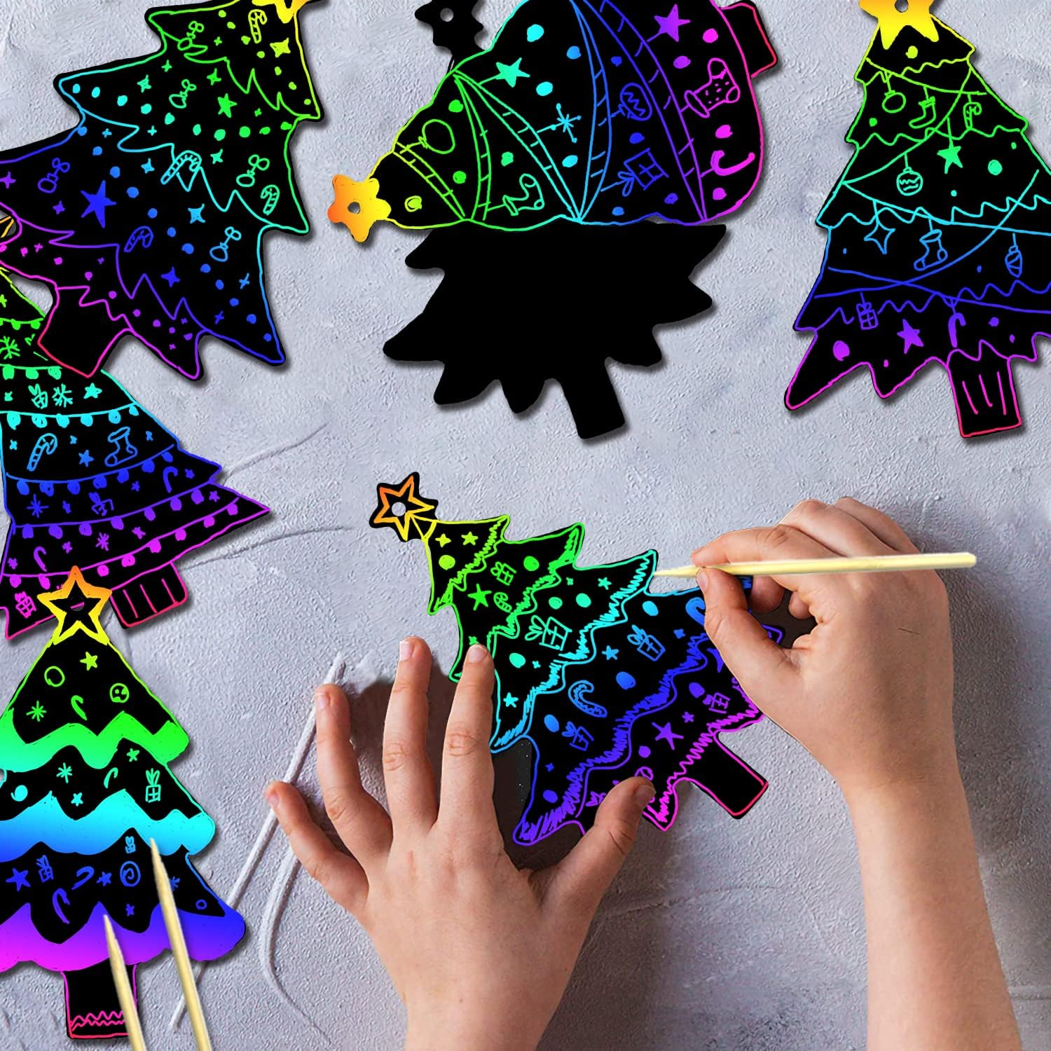 96Pcs Christmas Tree Scratch Art Kit - Rainbow Color Scratch Ornaments - Hanging Craft Art Kits with Wooden Stick and Ribbon - for Kids Christmas Winter Party Favors