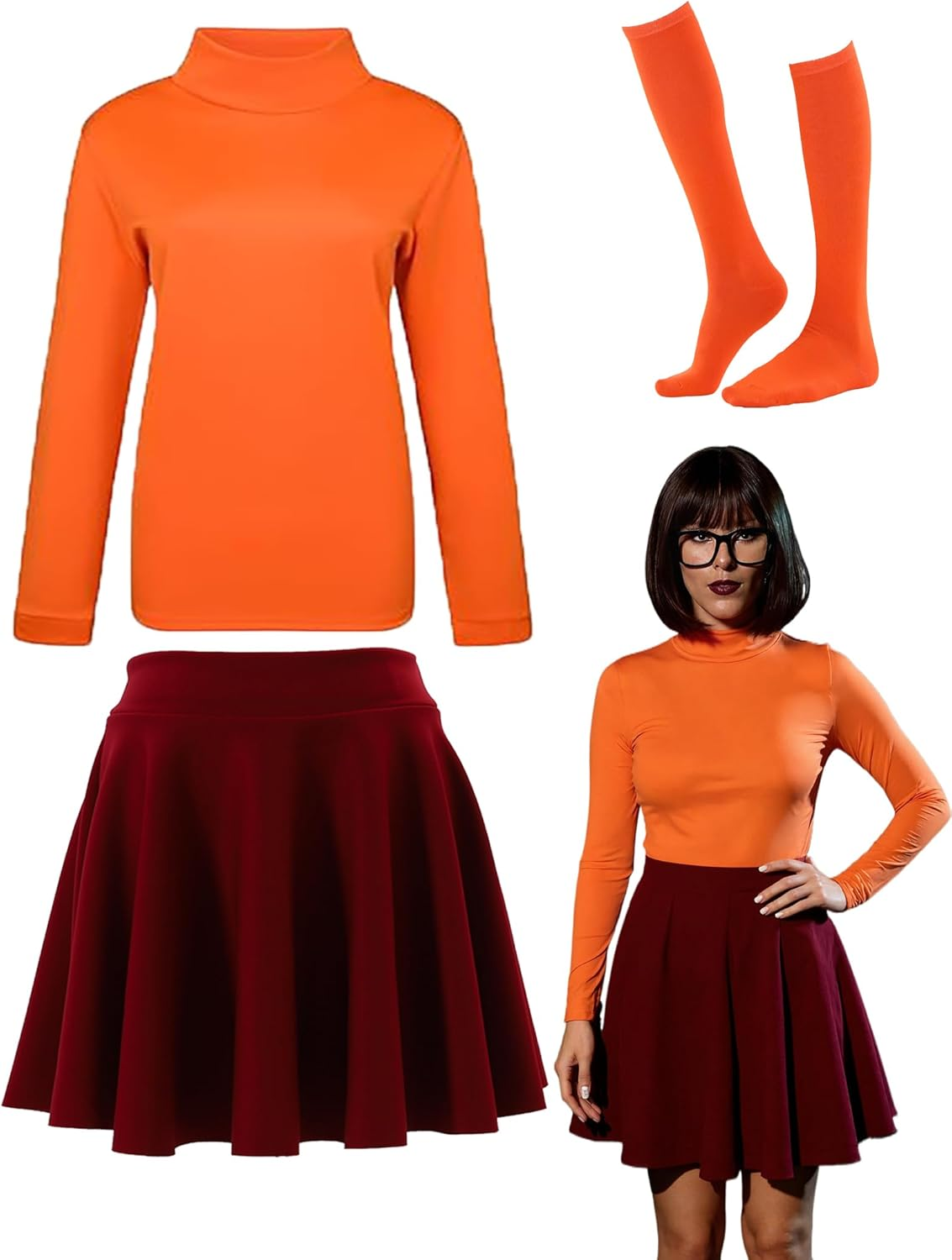 Halloween Adult Costumes for Women Cosplay Classic Movie Characters Costume Long Sleeve Turtleneck Tops, Skater Skirt, Knee Socks image number 5