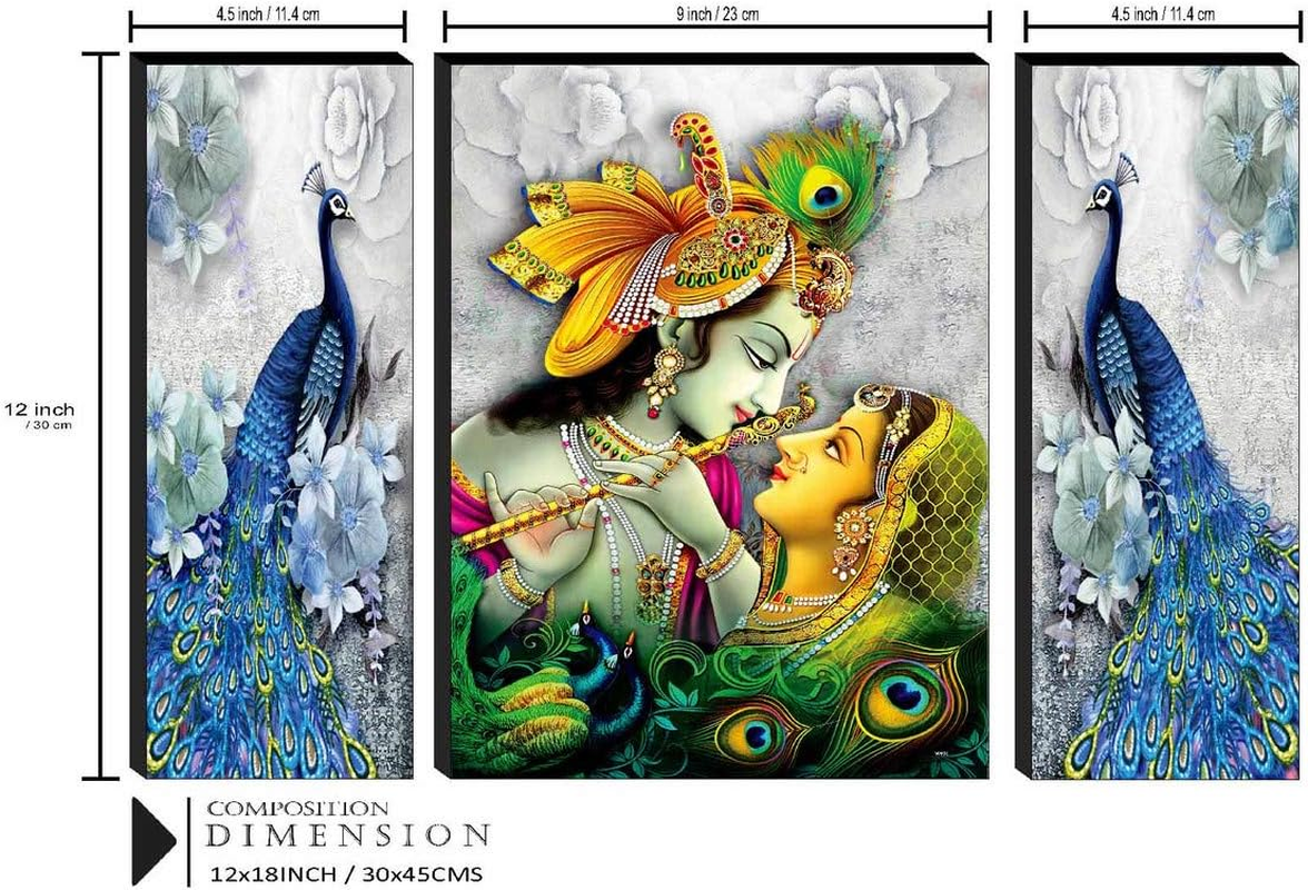 SAF Religious 'Radha Krishna with Couple Peacock ' Abstract Wall Painting Frame - JM31084 (Multicolour, 12 Inch X 18 Inch, Standard) - Set of 3
