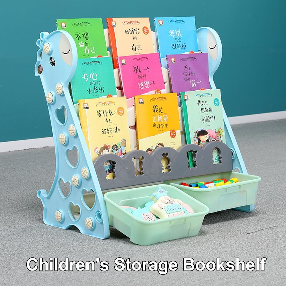 Kids Bookshelf Bookcases - 4-Tier Storage with 2 Bins, Rotating Display Shelf for Home, Living Room, Bedroom & Kindergarten - Safe Rounded Edges Child-Friendly Furniture image number 1