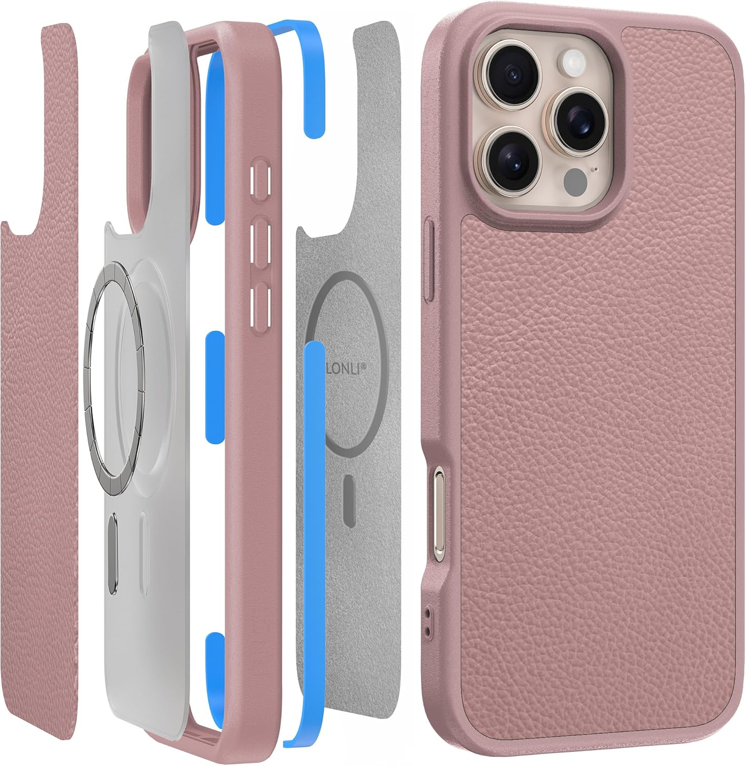 LONLI 2.0 - for Iphone 16 Pro Max Case - the Toughest Leather Magnetic Protective Phone Cover - [360&deg; Shock-Absorbent Bumper and Inner TPE Frame] - [Compatible with Magsafe] - Light Pink Leather image number 6