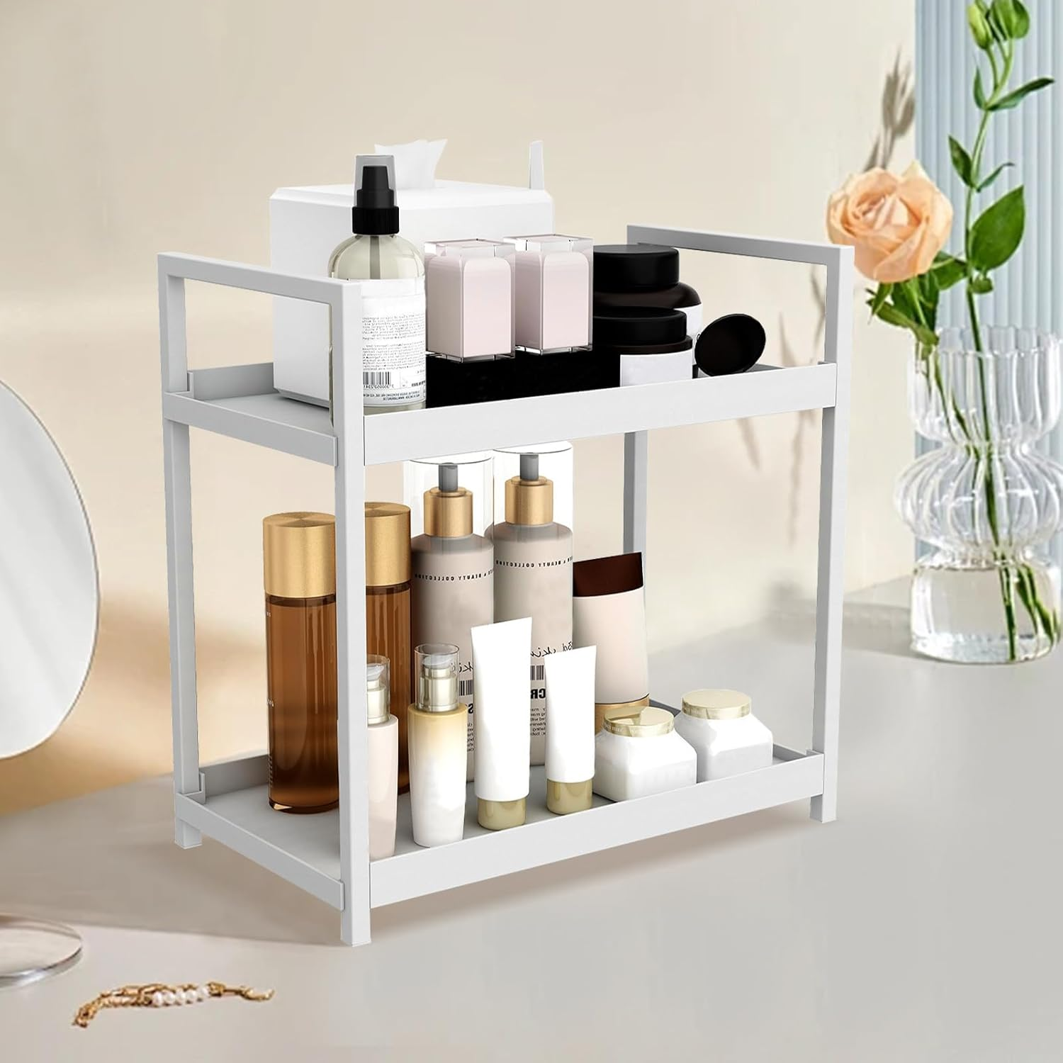 2-Tier Bathroom Counter Organizer with Basket, Vanity Tray Shelf, Bathroom Organizer Countertop, Vanity Organizer Bathroom Tray, Makeup and Skincare Organizers for Vanity Kitchen Spice Rack (White) image number 4
