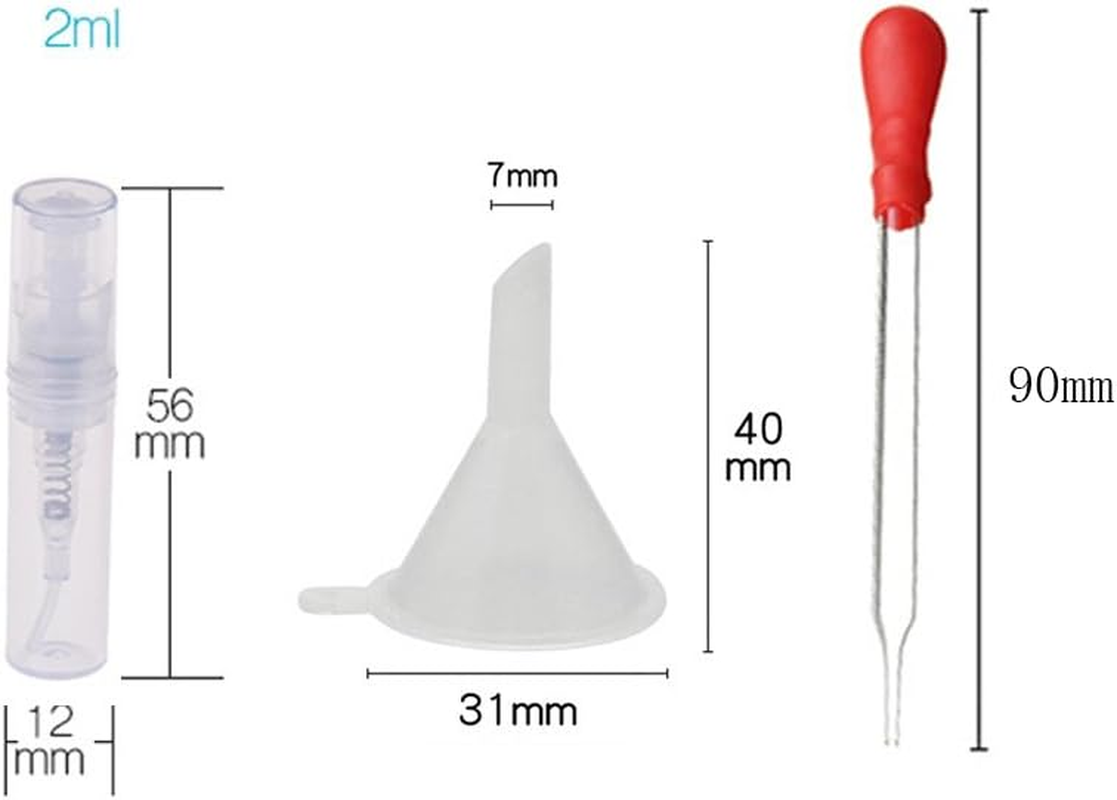 Haishell 150 Pcs Mini 2ML Atomizer Plastic Bottle Spray Refillable Perfume Empty Sample Bottle with 2 Pcs Mini Plastic Funnels and 2 Pcs Glass Droppers for Travel Party Portable Makeup Tool image number 5