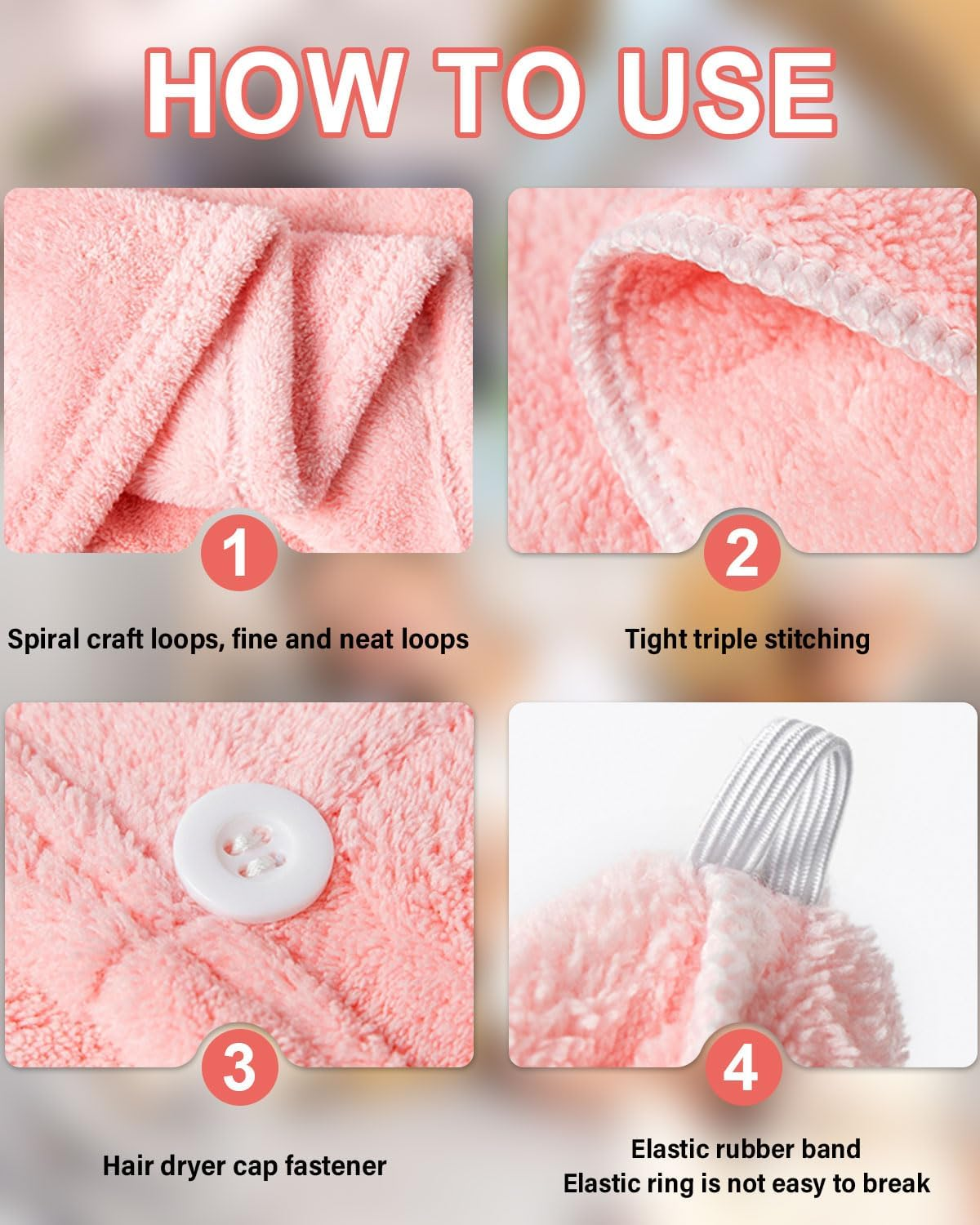 KEMUZ 1 X Microfibre Hair Towel, Super Absorbent Hair Turban for Wet Hair, Turban Towel with Button, for Home, Travel, Gym (Pink)