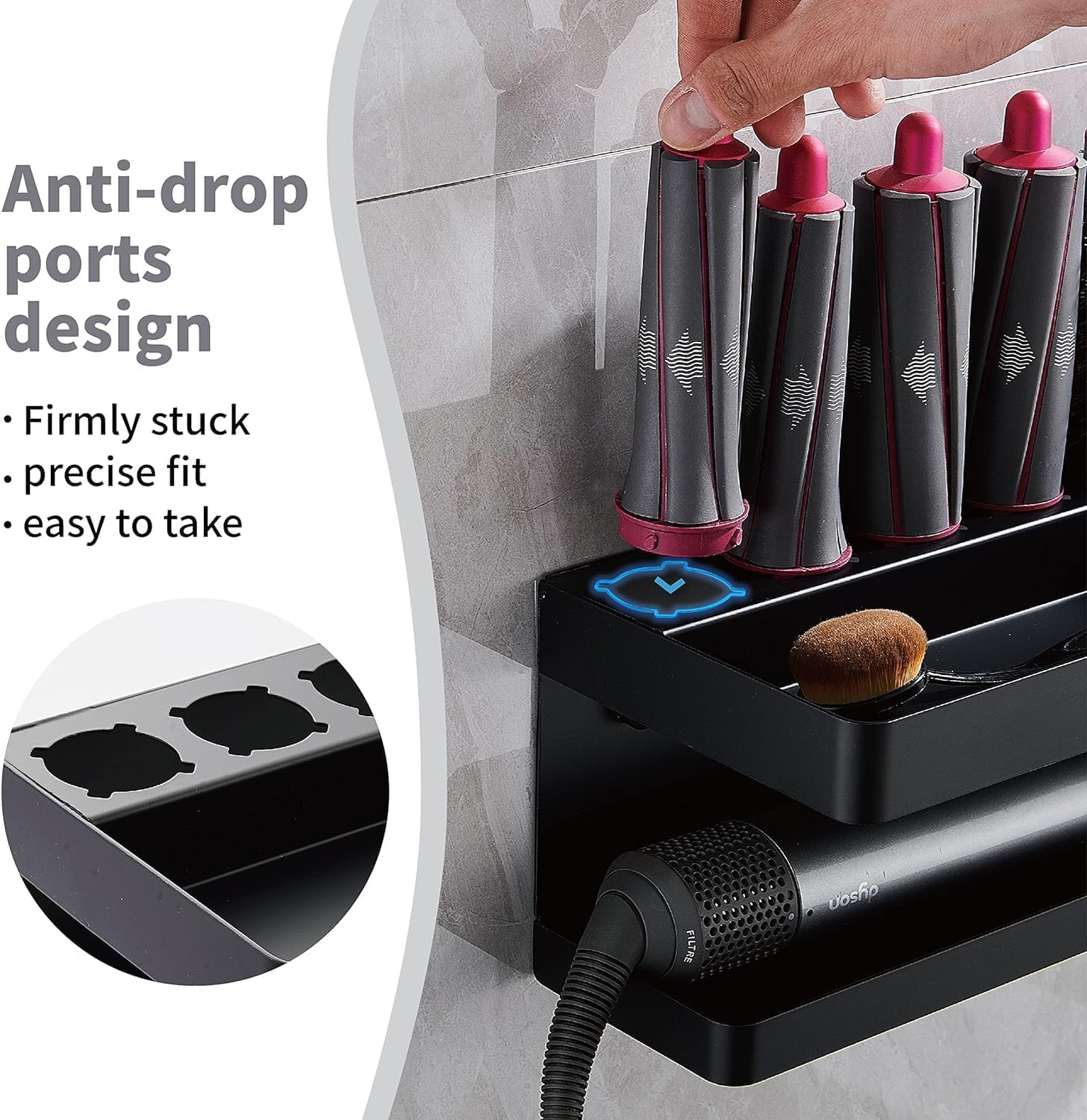 Wall Mounted Storage Holder for Dy Son SS304, Airwrap Curling Iron Accessories Wall Mounted Rack Bracket Stand for Dy Son SS304, for Bathroom Attachments Hair Dryer Organizer, 2 Layers (Black) image number 1