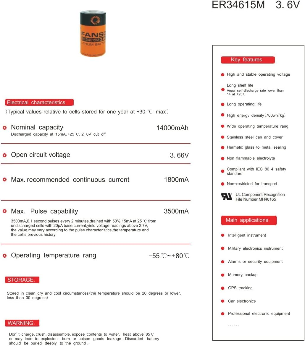 Fanso ER34615M 3.6V D Size(R20) Lithium Battery 14Ah Li-Socl2, High Power Spiral Wound