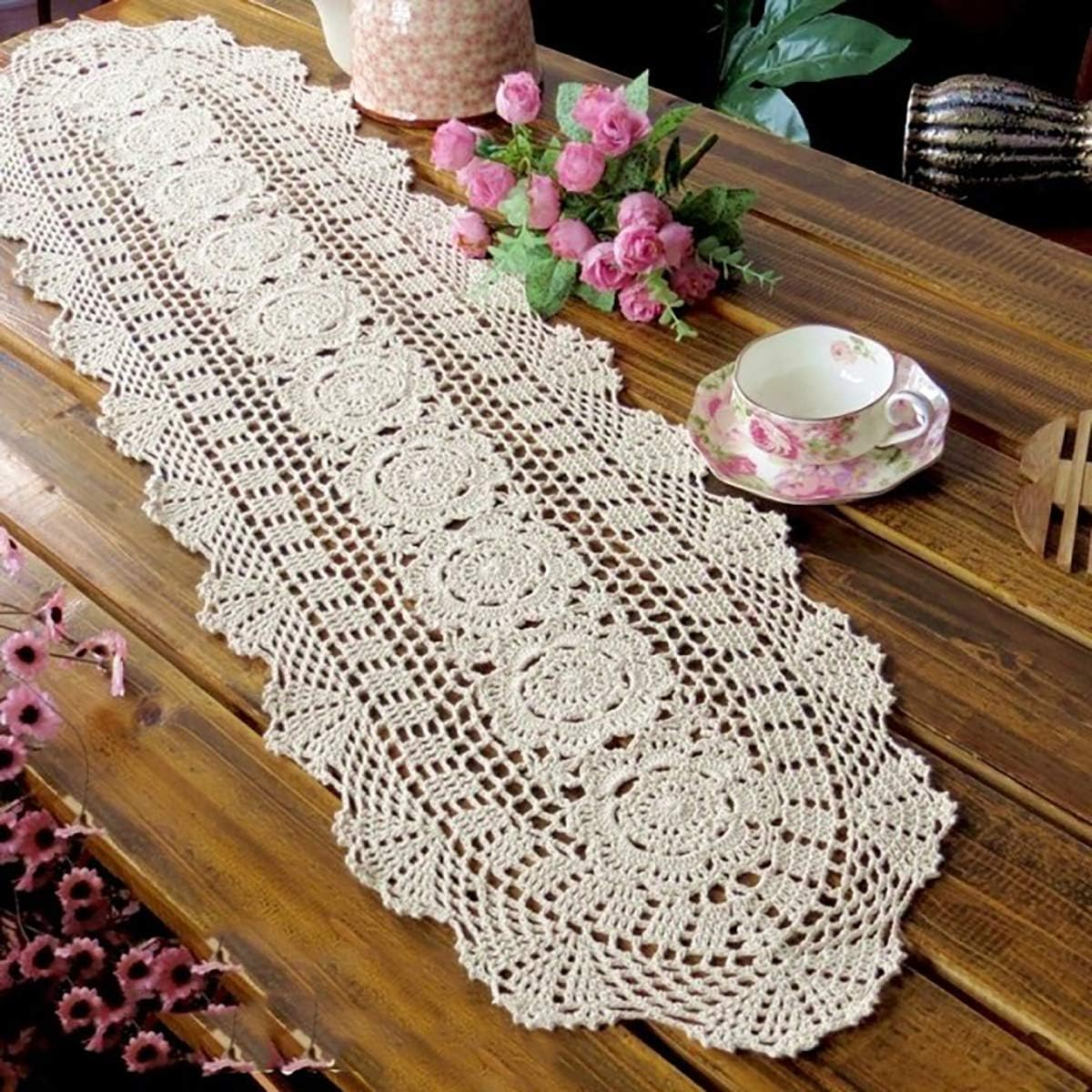 Janef Beige Handmade Crochet Cotton Table Runner Lace Doilies Doily Oval Dresser Scarves,11.8 by 35 Inches.