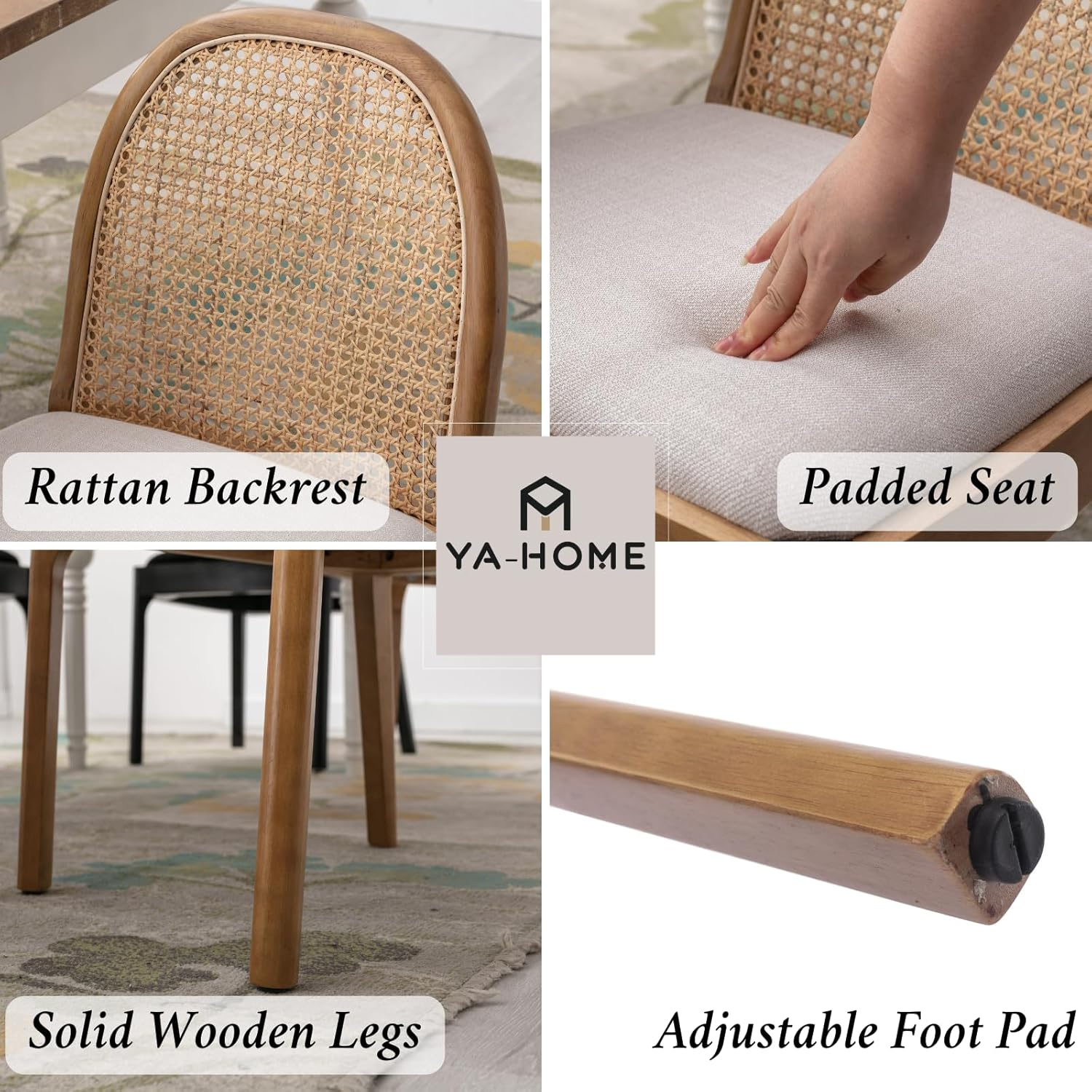 Ya-Home Mid Century Dining Chairs Set of 2, Linen Upholstered Kitchen Chairs W/Rattan Back, Farmhouse Side Chair Solid Wood Accent Chair for Home/Living Room/Dining Room/Restaurant, Beige image number 6