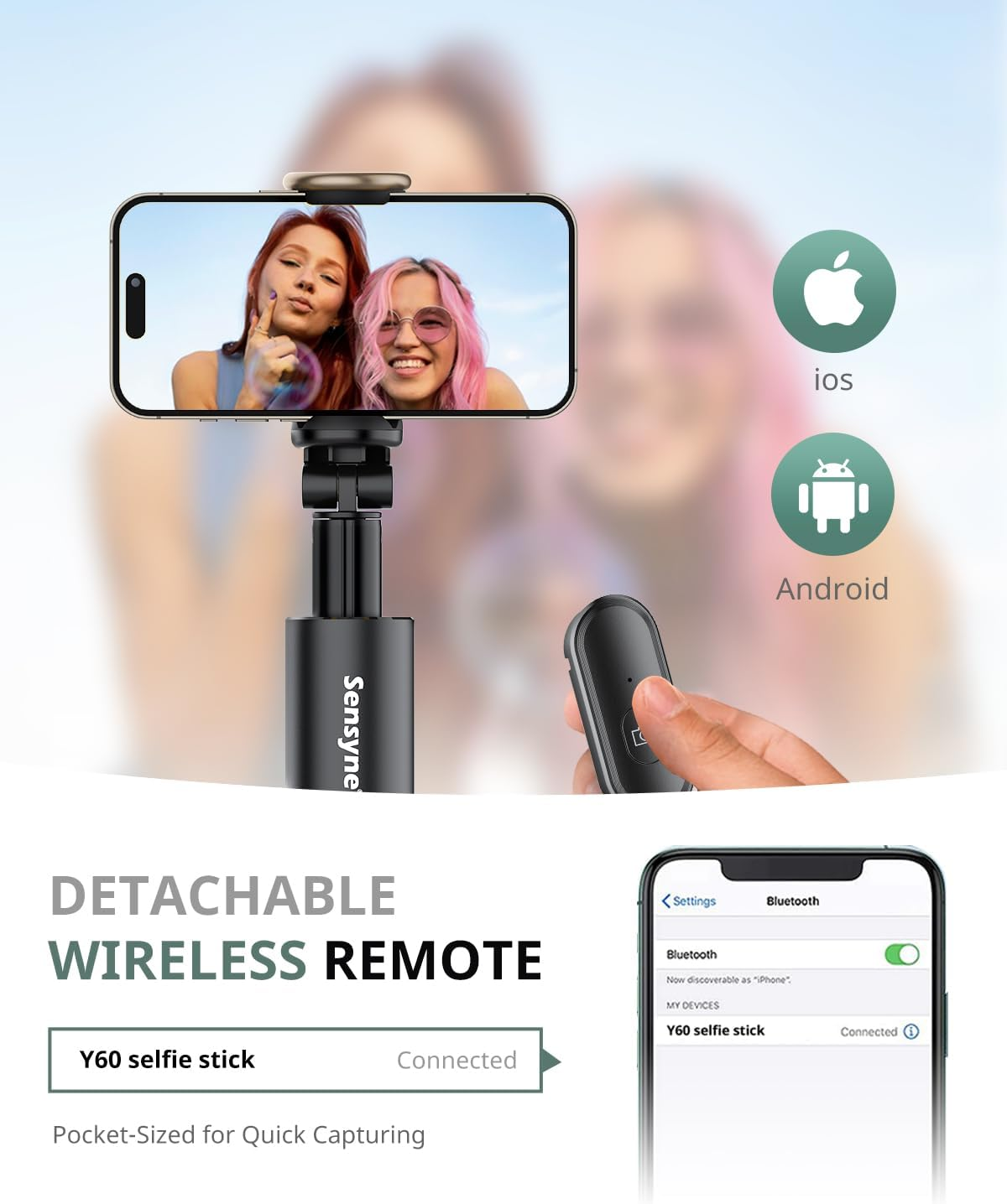 Sensyne 60" Phone Tripod & Selfie Stick, Lightweight All in One Phone Tripod Integrated with Wireless Remote Compatible with All Cell Phones for Selfie/Video Recording/Photo/Live Stream/Vlog（Black - Black image number 6