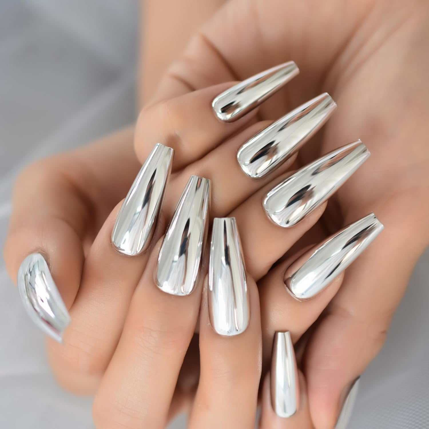 Imabc Silver Punk Metallic Press on False Nails Long Coffin Ballerina Chrome Mirror Fake Nails Full Cover Acrylic Nail Tips with Glue Tape for Women and Girls image number 6