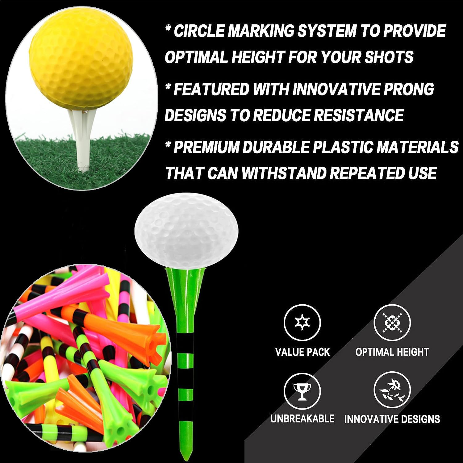 Yharnamite 50 Pcs Plastic Golf Tees, 3-1/4" Professional Golfing Tees with Five Claws Prong, Long Golf Tees, Frictional Resistance Reduction, Mixed Color image number 3