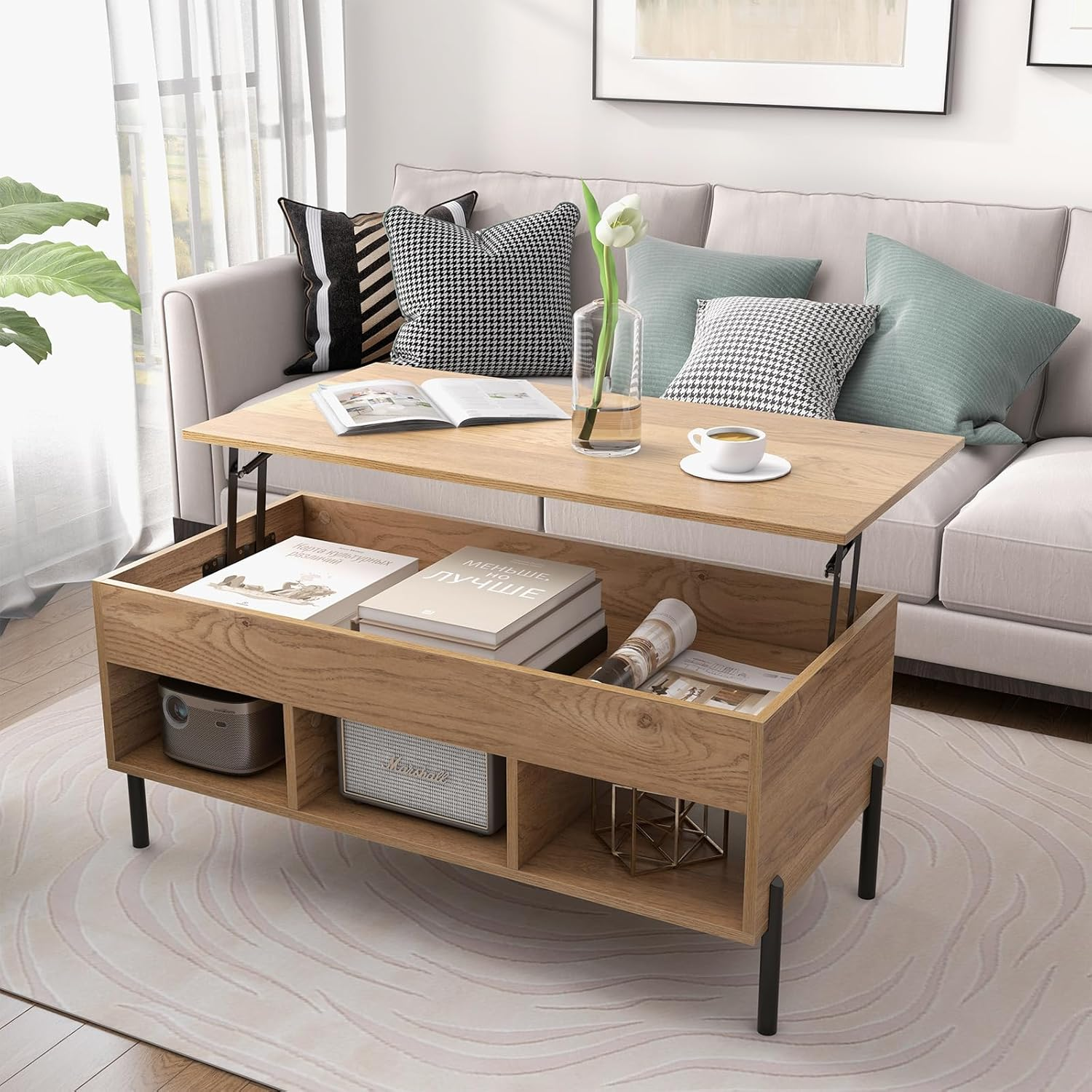 Giantex Lift Top Coffee Table, Rising Center Table with Large Hidden Compartment, Lifting Tabletop and 3 Open Cubbies, Cocktail Snack Table with Large Storage, Modern Living Room Table, Natural