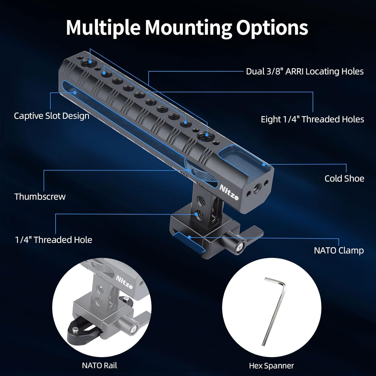 Nitze NATO Top Handle, NATO Handle with NATO Rail, Camera Top Handle, Adjustable Top Handle with Cold Shoe and Multiple Mounting Holes - PA17 image number 1
