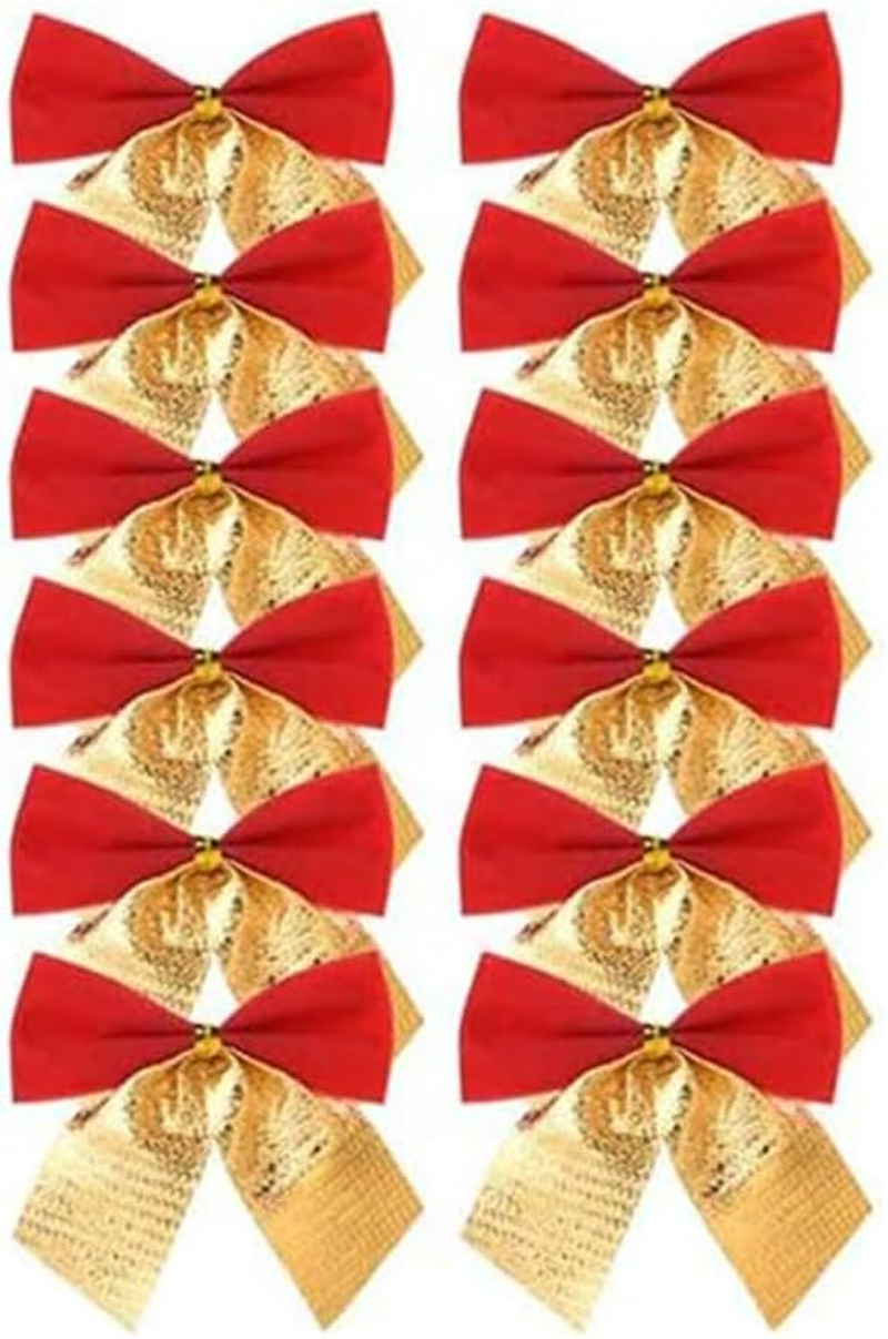 12 Pieces Christmas Ribbon Bows Ornaments Xmas Tree Bowknot Velvet Ribbon Bows Christmas Bows for Tree Decorations Presents Wrapping Craft Supplies, Red + Gold