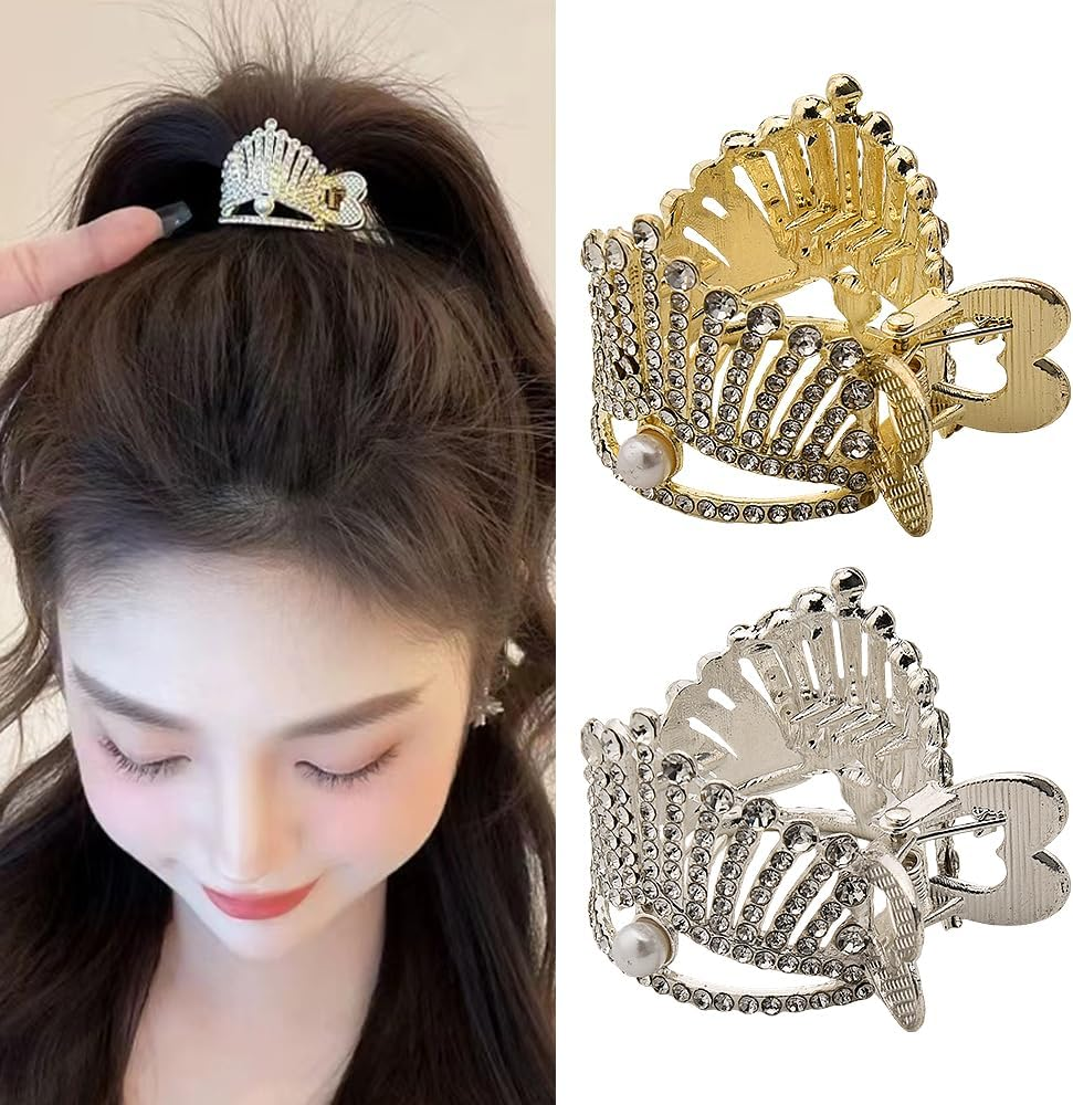 Ponytail Holder Clips Crystal Rhinestone Hair High Ponytail Hair Clips for Women Gold Sliver Metal Hair Barrettes for Thick Thin Hair Pins No Slip Hair Accessories Claw Clips 2 Pcs