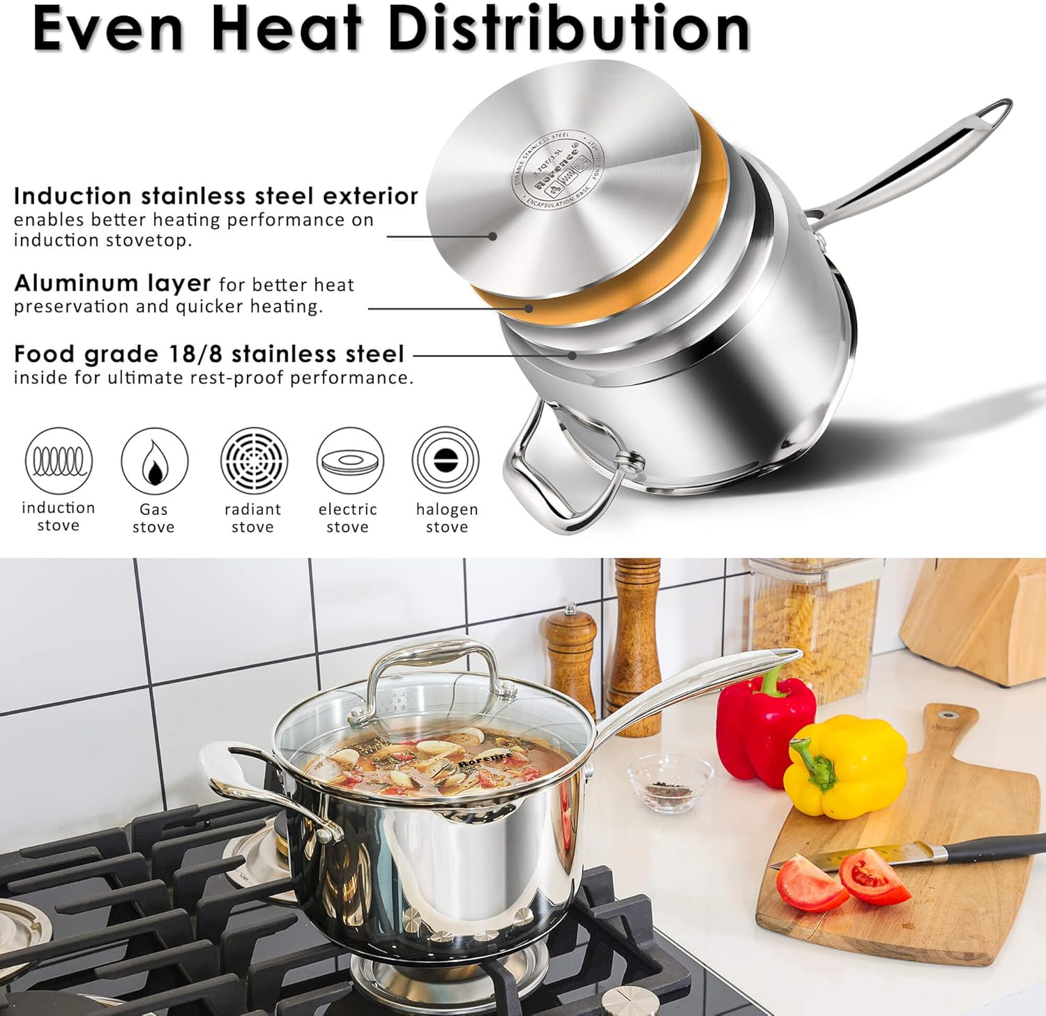 Rorence Stainless Steel Saucepan with Pour Spout & Glass Lid with Strainer - 3.7 Quart image number 2