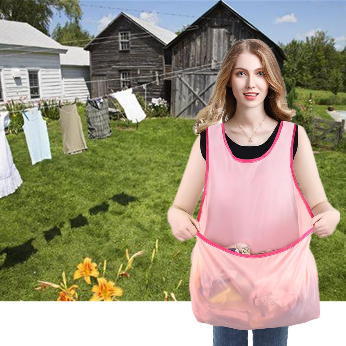 Laundry Apron with Bag, Unstooped Waterproof Laundry Apron with Large Pocket,For Drying Clothes, Sorting Dry Clothes(Pink) image number 4