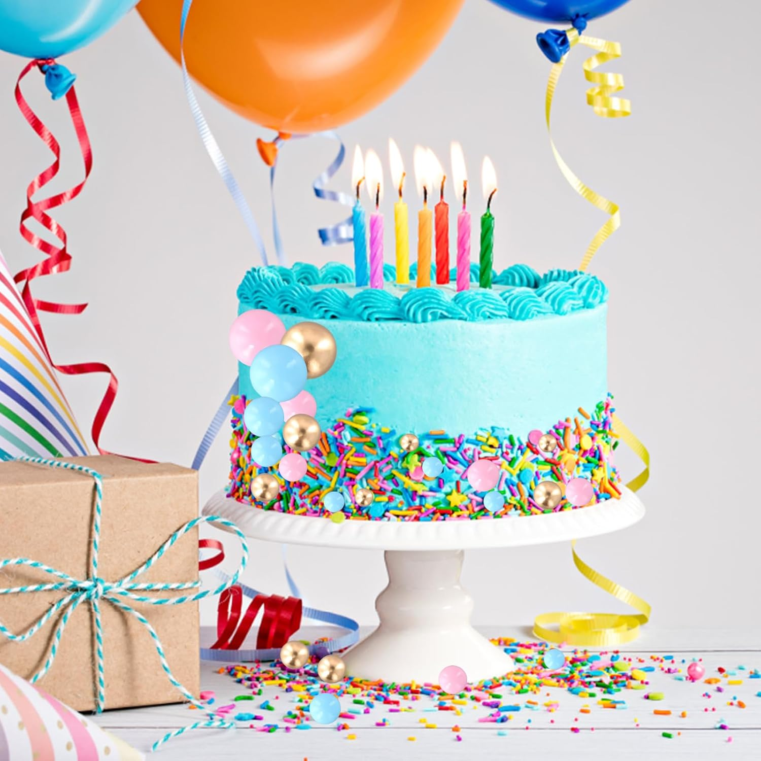 Ball Cake Toppers, 50Pcs Mini Balloons Cake Topper, Baking Cake Decorations DIY, round Cake Decorations, for Wedding, Party, Birthday, Cake Decorating (Gold, Pink, Blue) image number 3