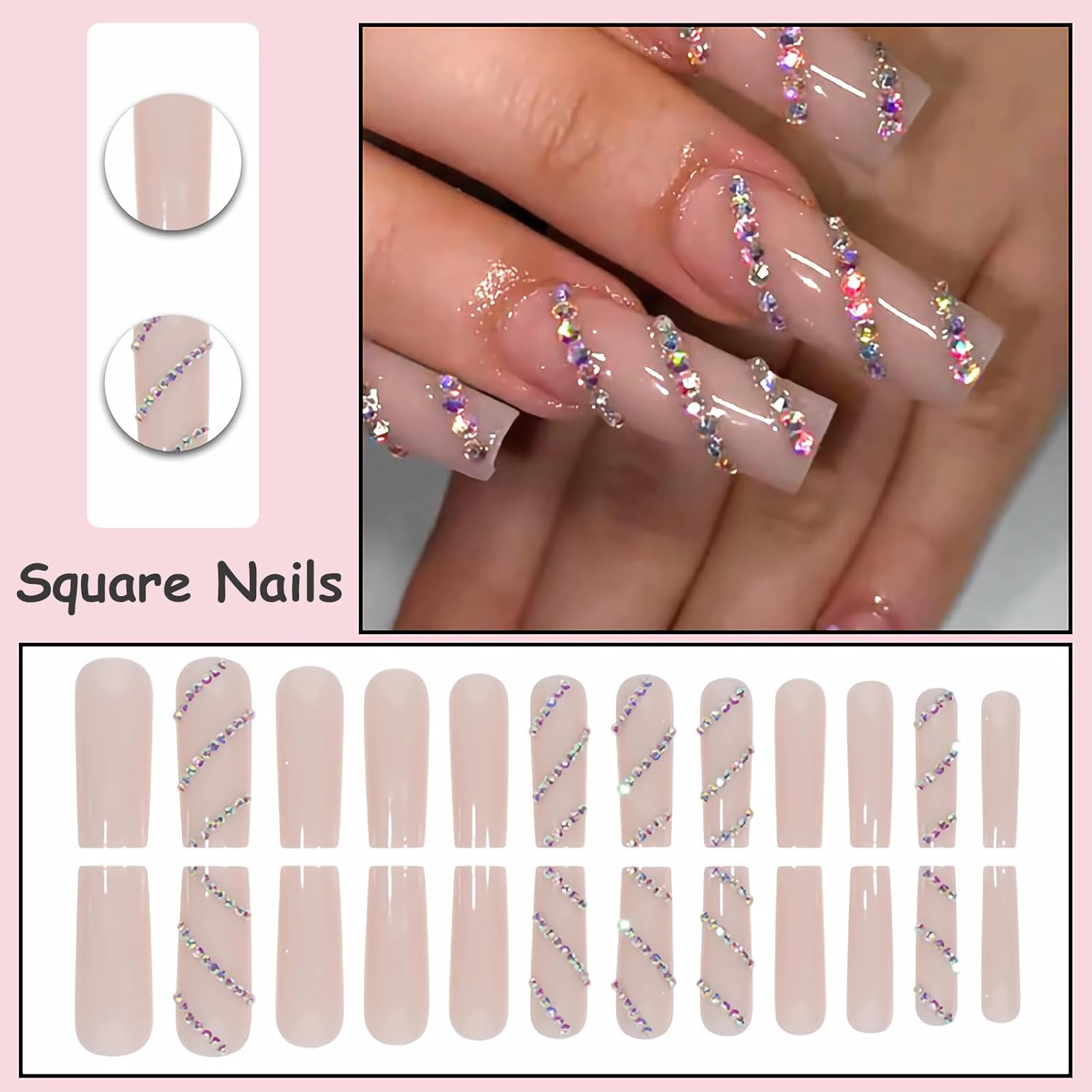 MISUD Press on Nails Long Square Fake Nails Glossy Glue on Nails Nude Acrylic Nails Artificial Nails Squoval Rhinestone Luxury Stick on False Nails with Design 24Pcs - 05414Blue image number 2