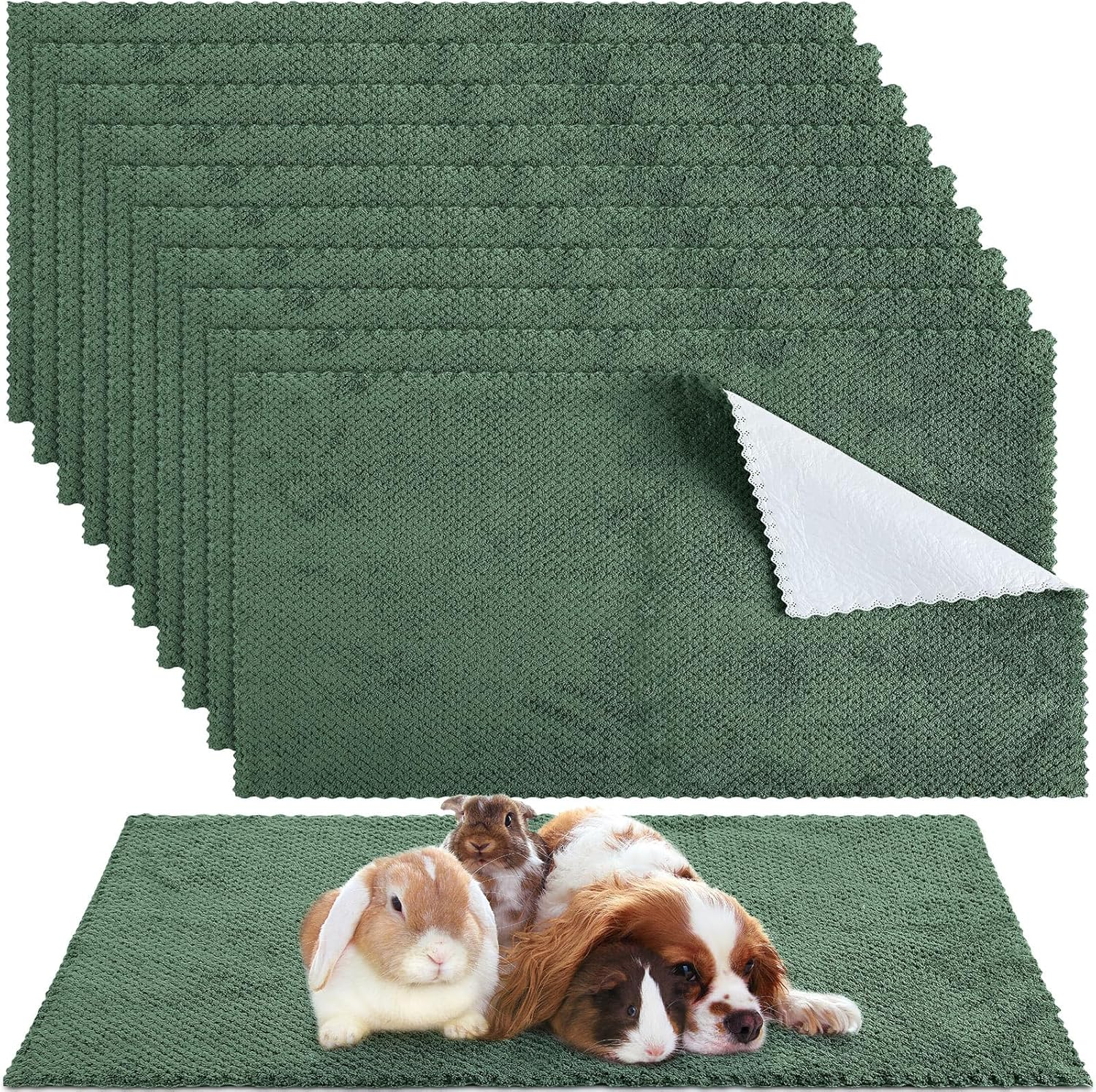 Vitalcozy 10 Pcs Waterproof Guinea Pig Pee Pad Guinea Pig Cat Dog Blankets Hamster Cage Liners Accessories Coral Fleece Small Animals Blankets Bedding Mats Sleep Pad Cover (Dark Green,12 X 12 Inch)