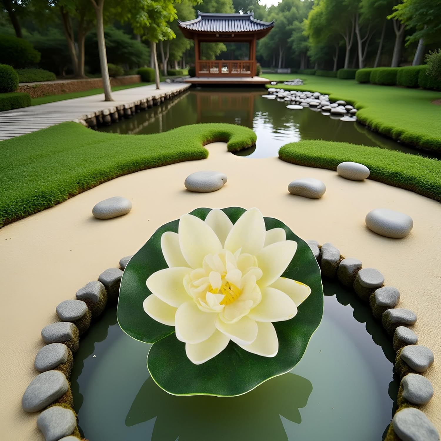 1 Pc White Artificial Floating Foam Lotus Flower with Water Lilys Pad Ornanments,Outdoor D&eacute;cor, Lifelikes Fake Lotus Flowers for Patio Pond Pool Fish Tank Aquarium Home Garden Wedding Party image number 2