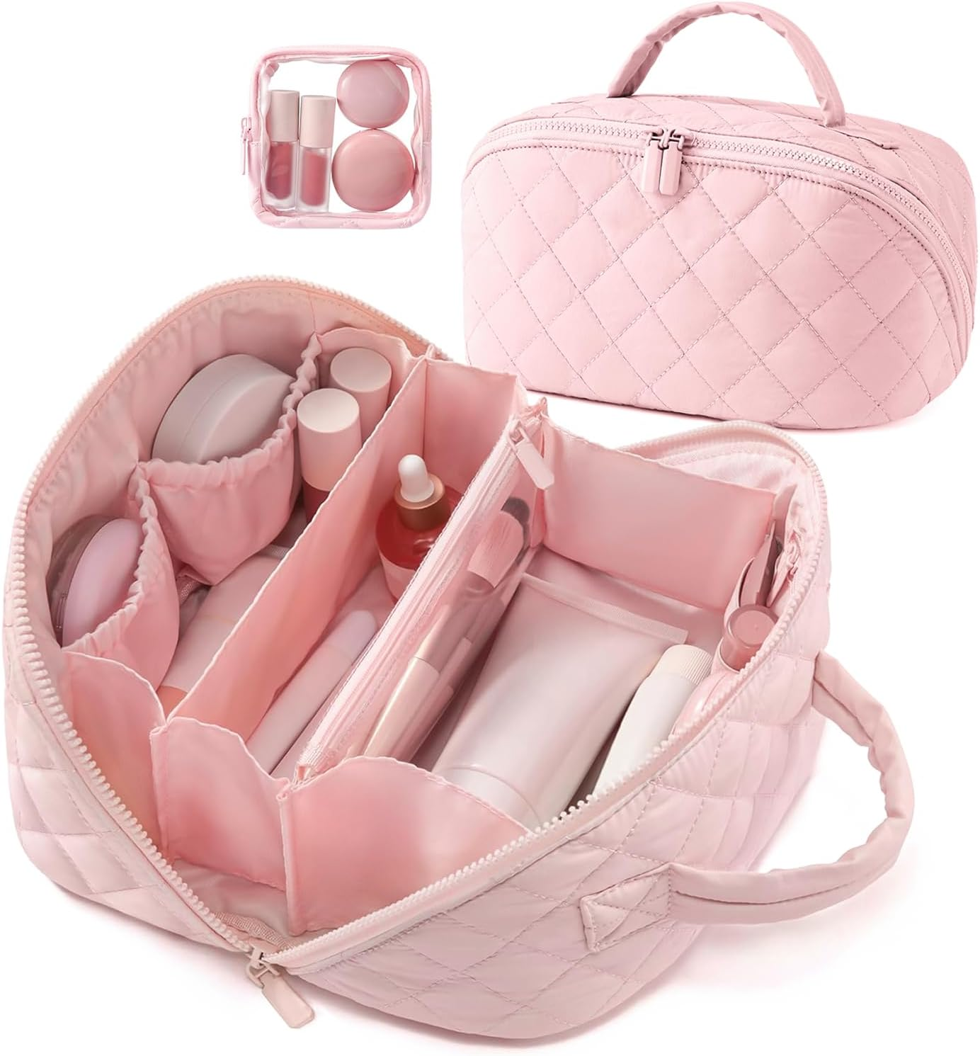 SZMDLX Waterproof Makeup Bag & Makeup Organizer - Travel Toiletry Bag, 180&deg; Lay-Flat Large Cosmetic Case, Puffy Padded Travel Organizer for Brushes & Cosmetics, Perfect Gifts for Women and Men（Pink）