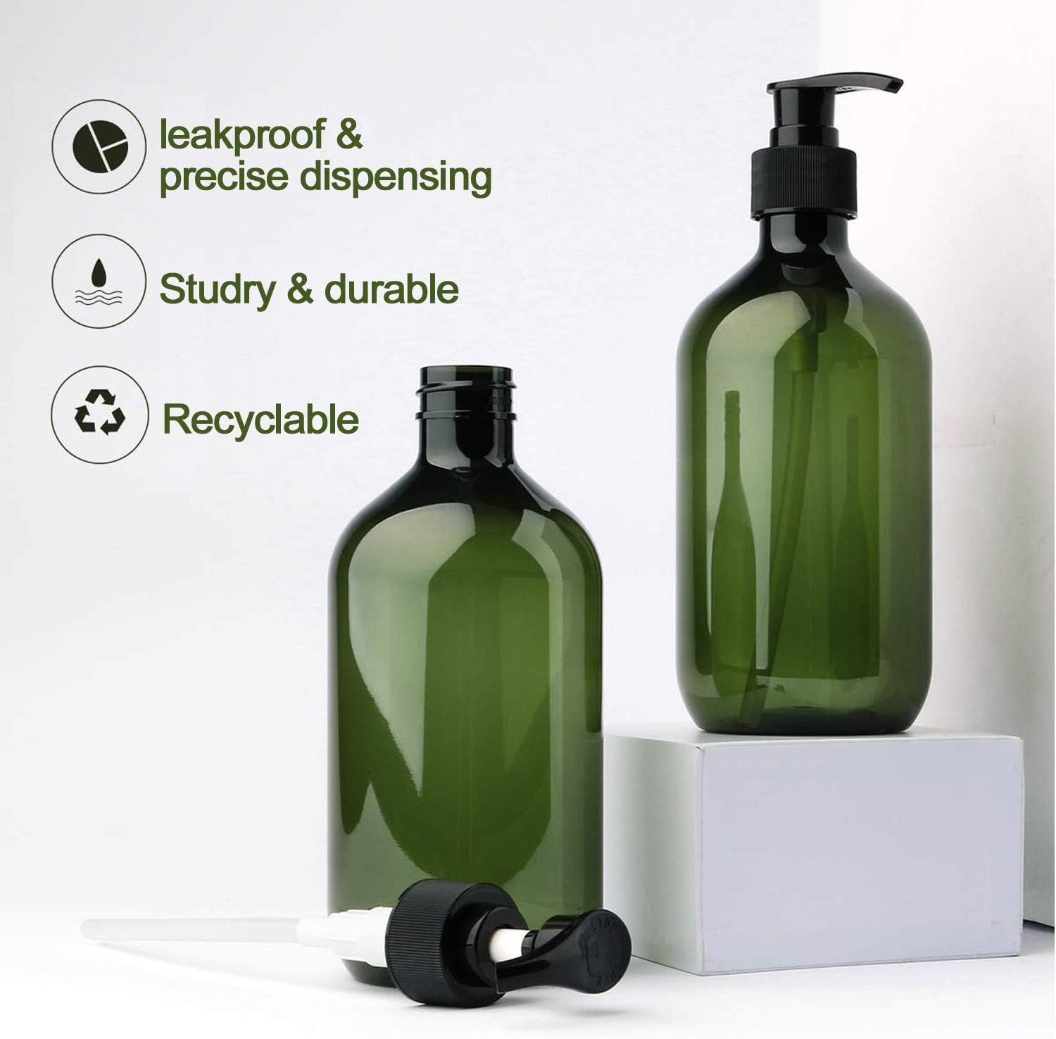 2 X Empty Plastic Pump Bottles Refillable Lotion Shampoo Shower Gel Storage Container Toiletries Liquid Dispenser 500Ml, Green, 500 Ml image number 2