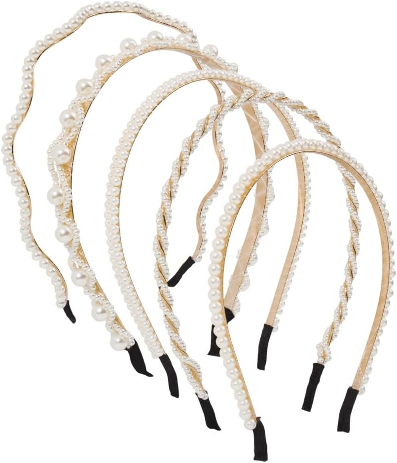 Headband with Pearls, Women'S Pearl Headband, Pack of 5, Elegant White Faux Pearls, Hair Accessories for Women, Girls, for Wedding, Birthday, Party, Valentine'S Day image number 3