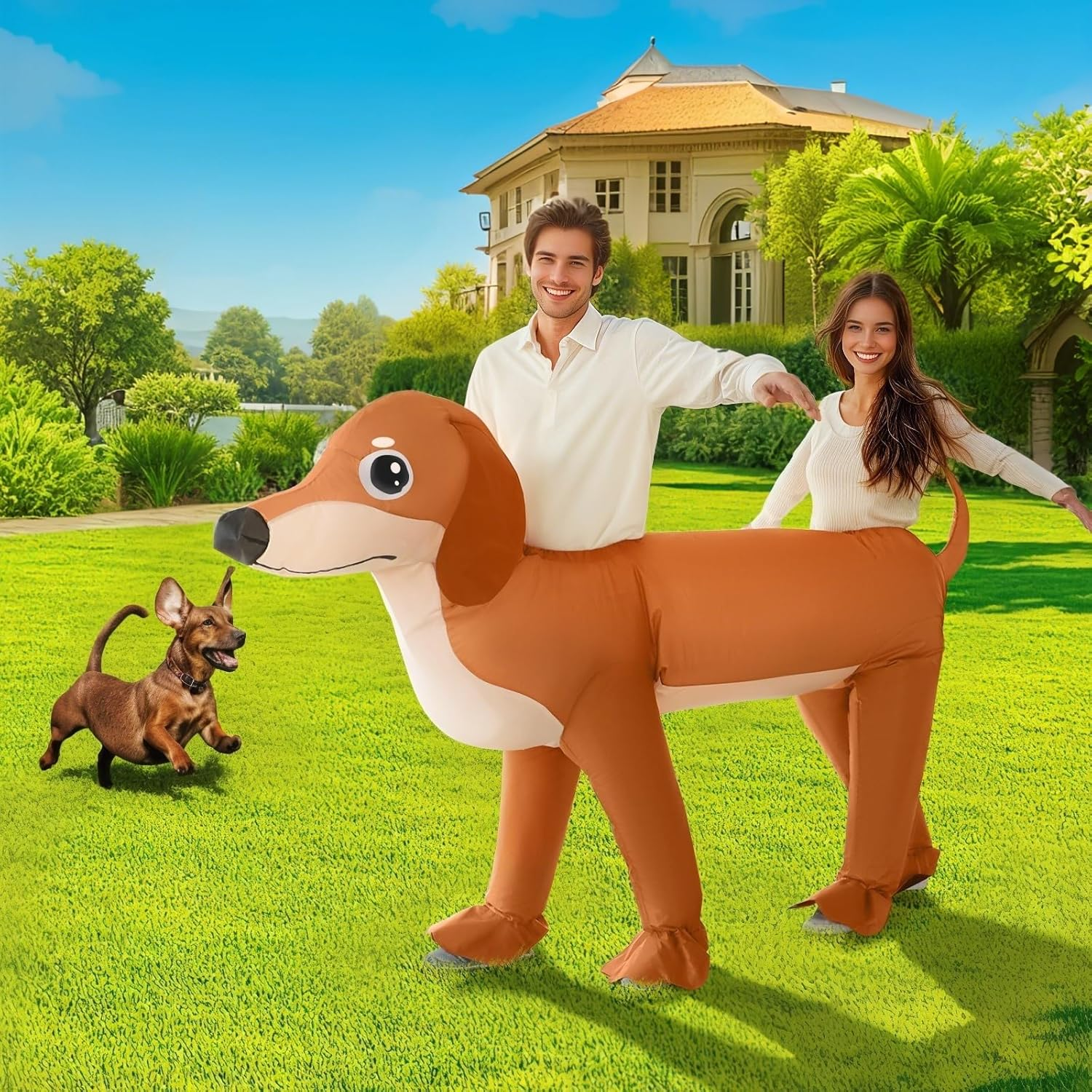 Couple Inflatable Dachshund Costume for Adult Halloween Blow up Costumes 2 People Funny Dog Costumes for Men Women Cosplay image number 3