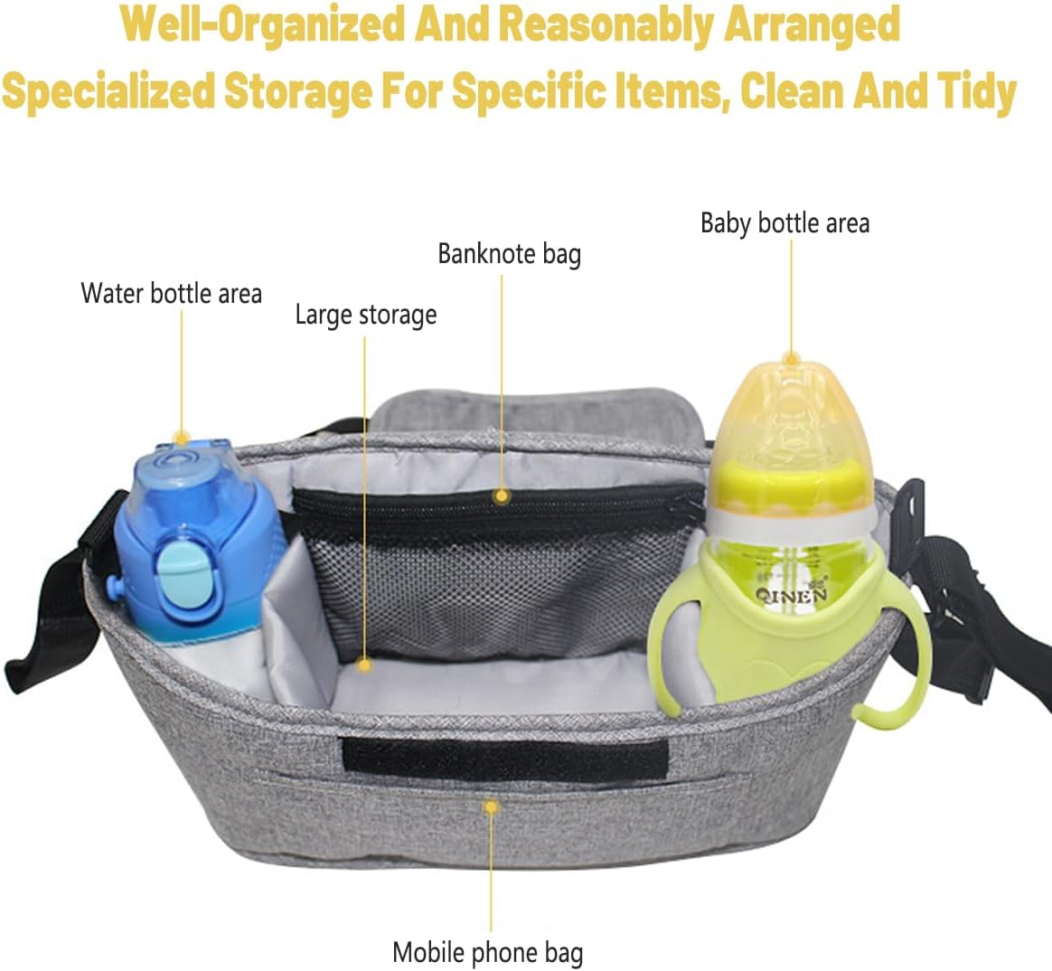 AIMALL Multi-Purpose Large Capacity Baby Stroller Storage Bag 11.8In X 6.69In, Hanging Linen Organiser with Adjustable Strap, Phone Bottle Tissue Compartments, Grey Colour