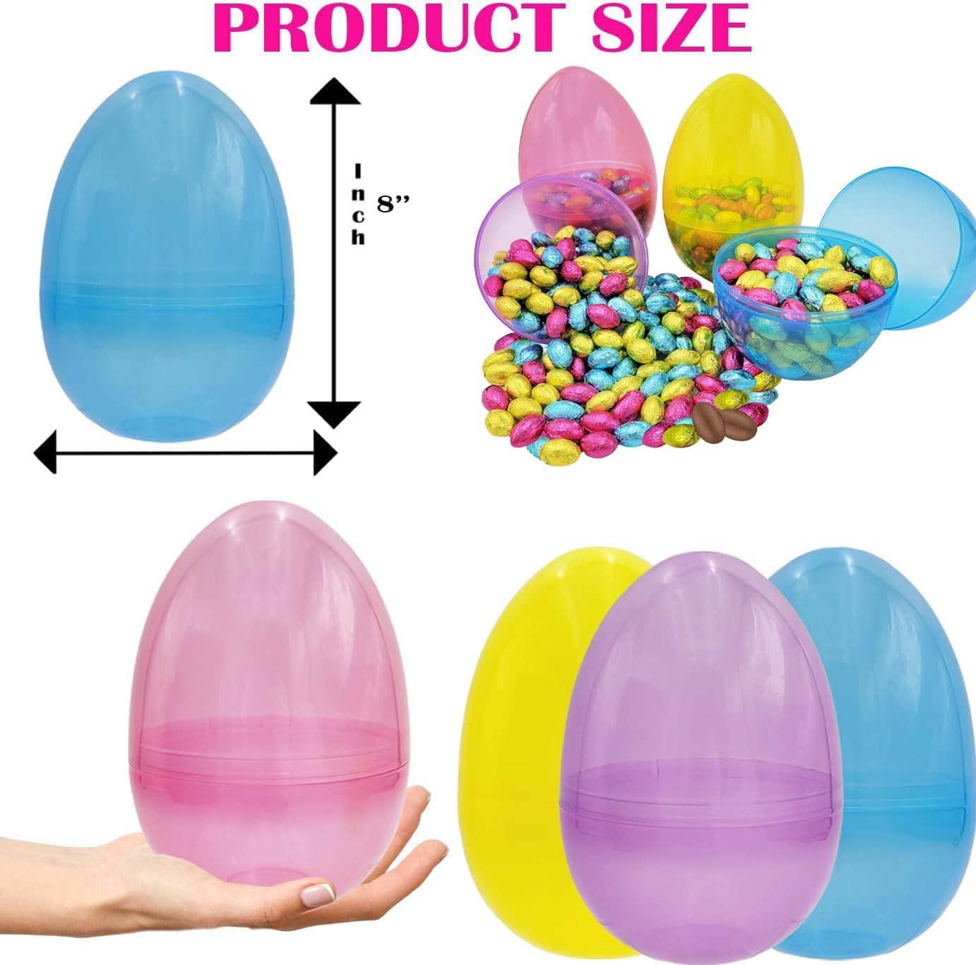 Massive Translucent Fillable Easter Eggs Colorful Bright Plastic Easter Eggs, Stands Upright, Perfect for Easter Egg Hunt, Surprise Egg, Easter Hunt, Assorted Colors, 8" Giant Fillable Eggs (4-Pack)