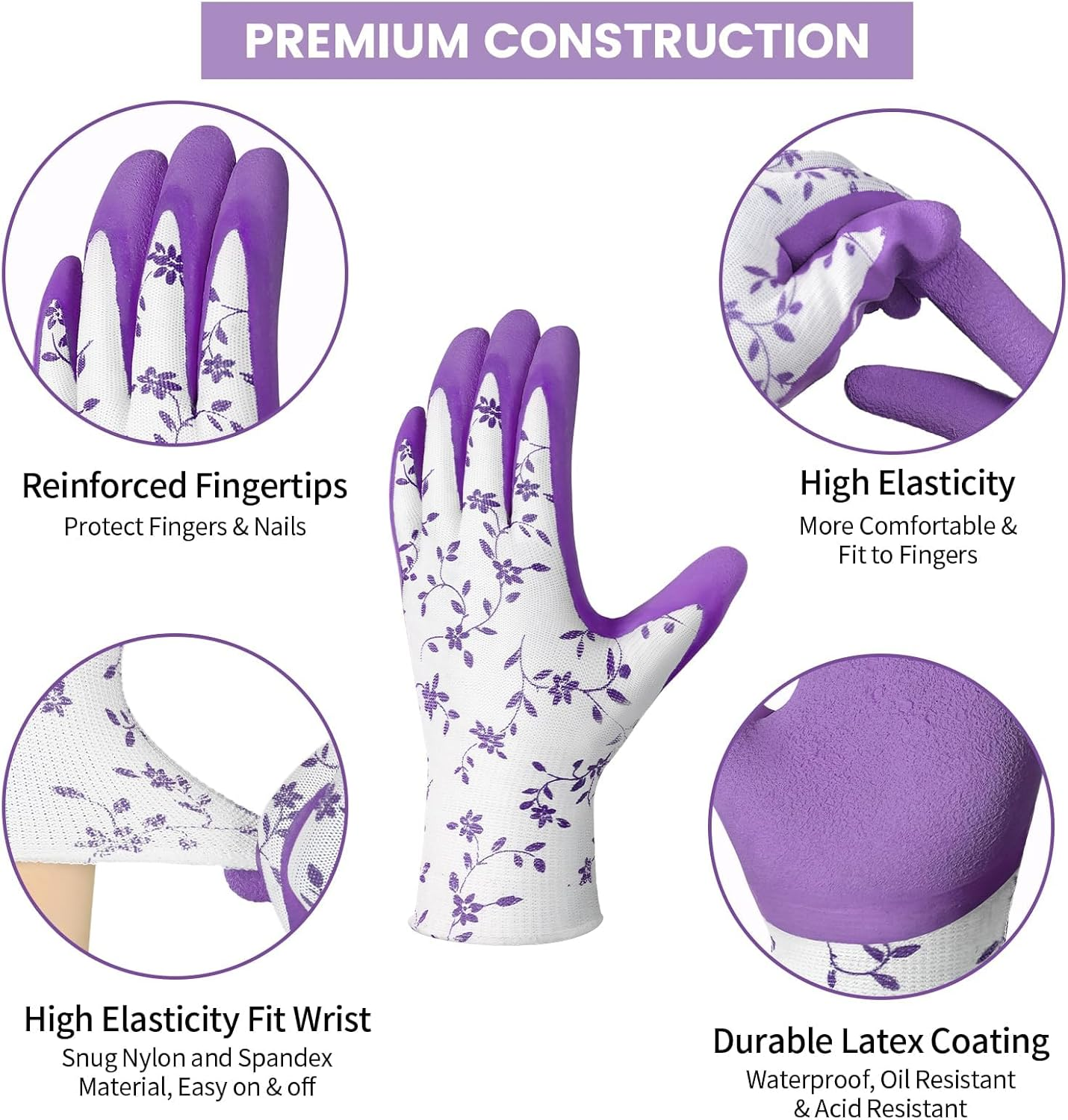 Gardening Gloves for Women, 6 Pairs, Rubber Coated with Grip, Breathable Work Gloves for Yard Garden, Outdoor Indoor Protective