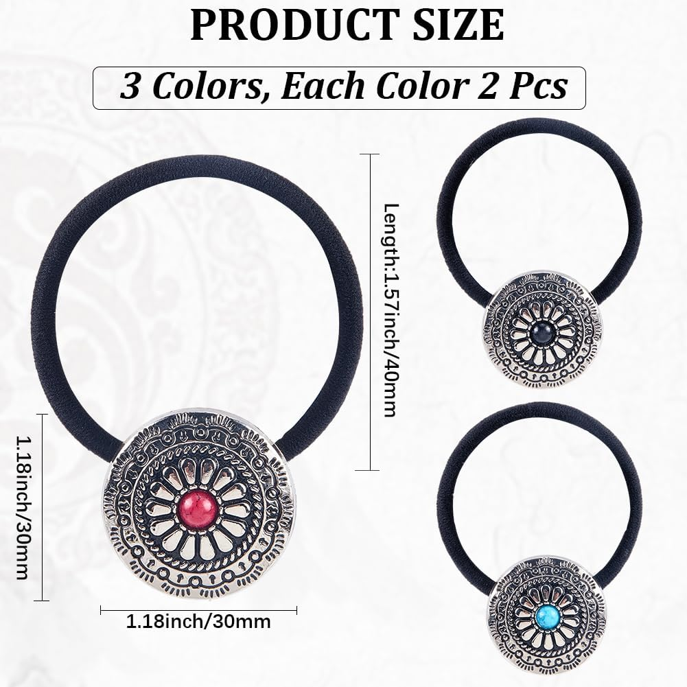 CABODYALS Pack of 6 3 Colours Vintage Squash Blossom Hair Bands Ropes Western Style Metal Ponytail Holder Boho Turquoise Cowgirl Elastic Decorative Hair Scrunchie Bracelet with Box for Women Headpiece image number 5