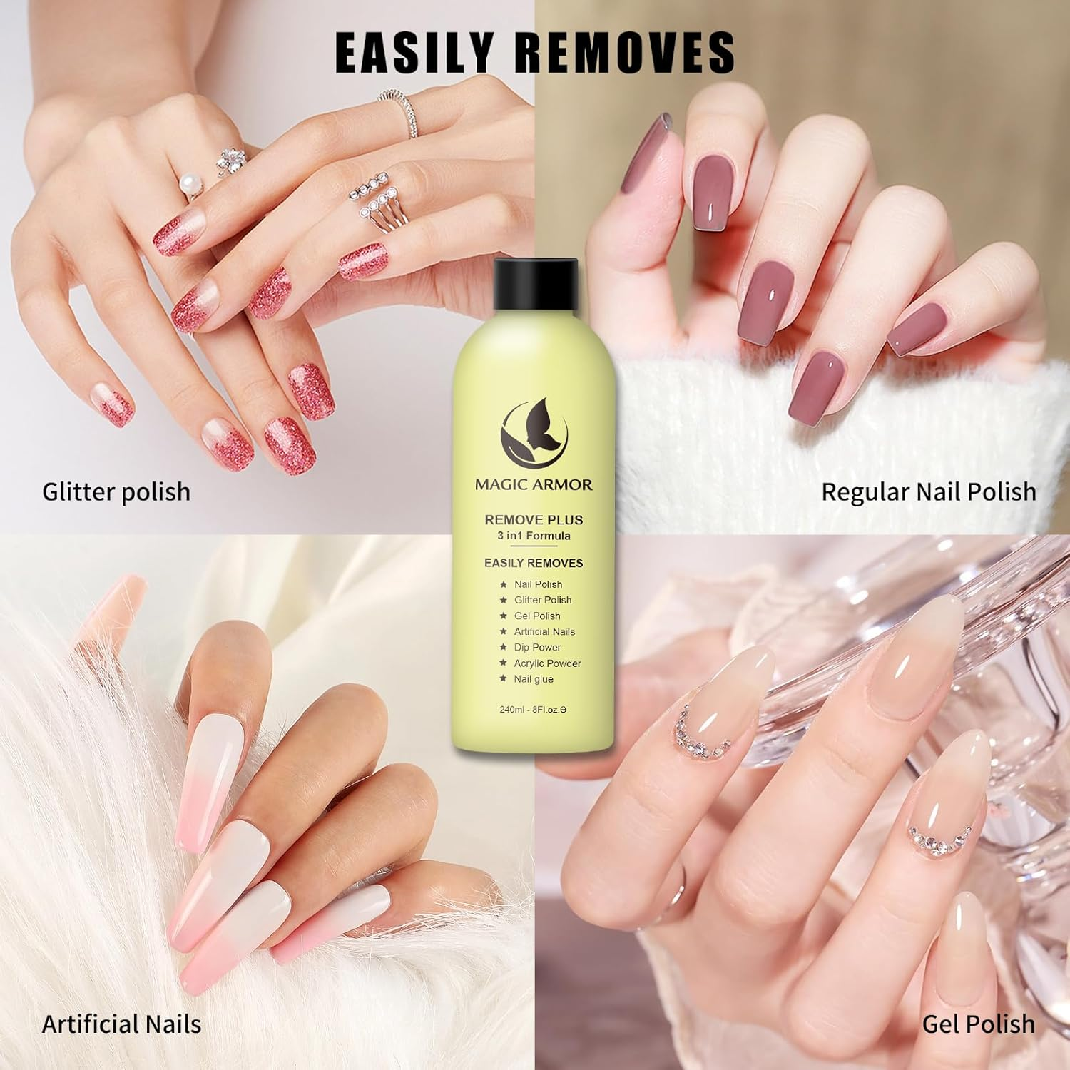 MAGIC ARMOR Nail Polish Remover 240Ml, Acetone-Free Gel Nail Polish Remover, Easy Peel-Off, Nail Glue Remover, Acrylic Dip Powder Nail Remover for Home DIY and Nail Salons image number 3