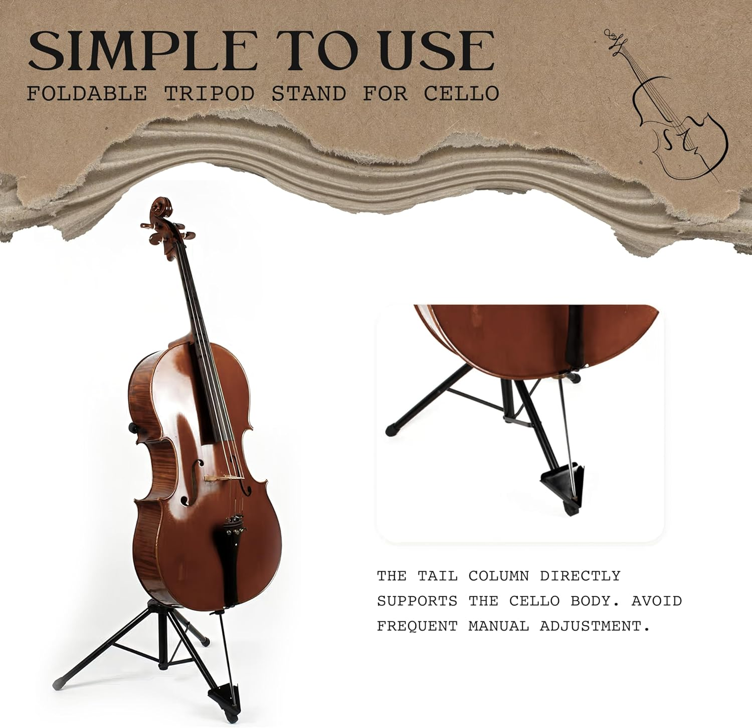 WHELPAW Adjustable Cello Stand with Bow Holder - Secure & Sturdy Support for All Cello Sizes - Easy Fold Design - Premium Materials & Non-Slip Feet image number 4