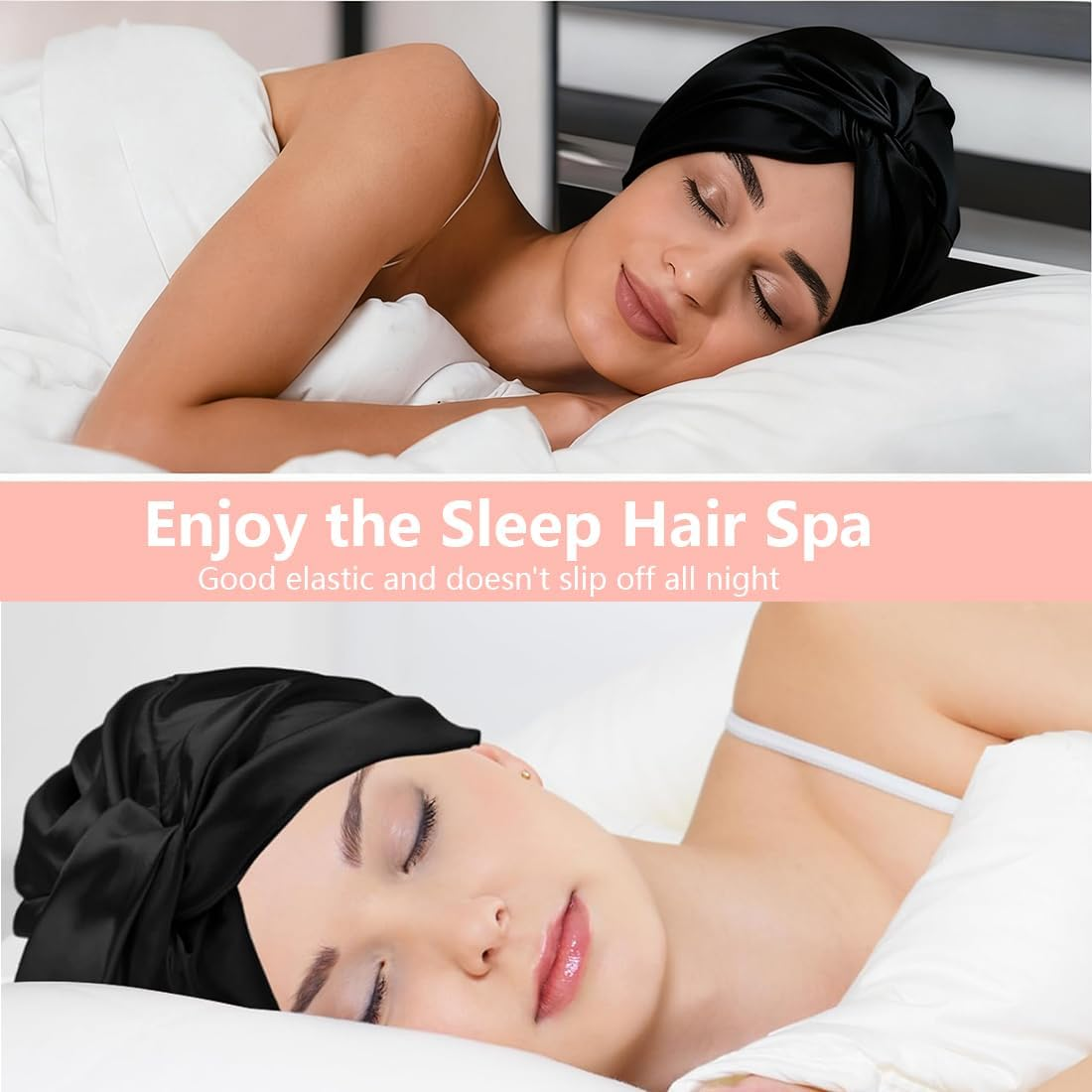 OIXEYA Silk Bonnet Sleep Cap for Sleeping for Healthy Hair Overnight, Maintains Curl Shape, Prevents Frizz & Hair Breakage, for Women with All Hair Types (Black) image number 2