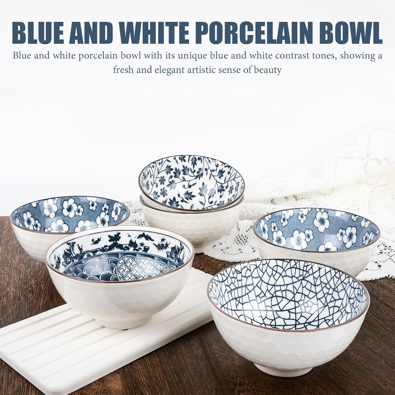 6 Pack Ceramic Bowls,Blue and White Japanese Ceramic Rice Bowls 10 Oz,Ideal for Cereal, Soup, Dessert, Snack, Fruit, Salsa image number 2