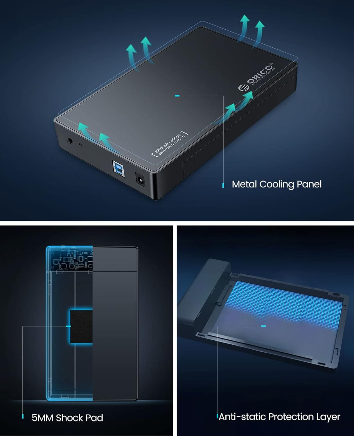 ORICO USB 3.0 External Hard Drive Enclosure for 3.5/2.5 Inch SATA Hard Drives/Ssd up to 20 TB, 3.5'' Tool-Free HDD Enclosure with 12V/2A Power Supply and UASP Acceleration (3588US3)