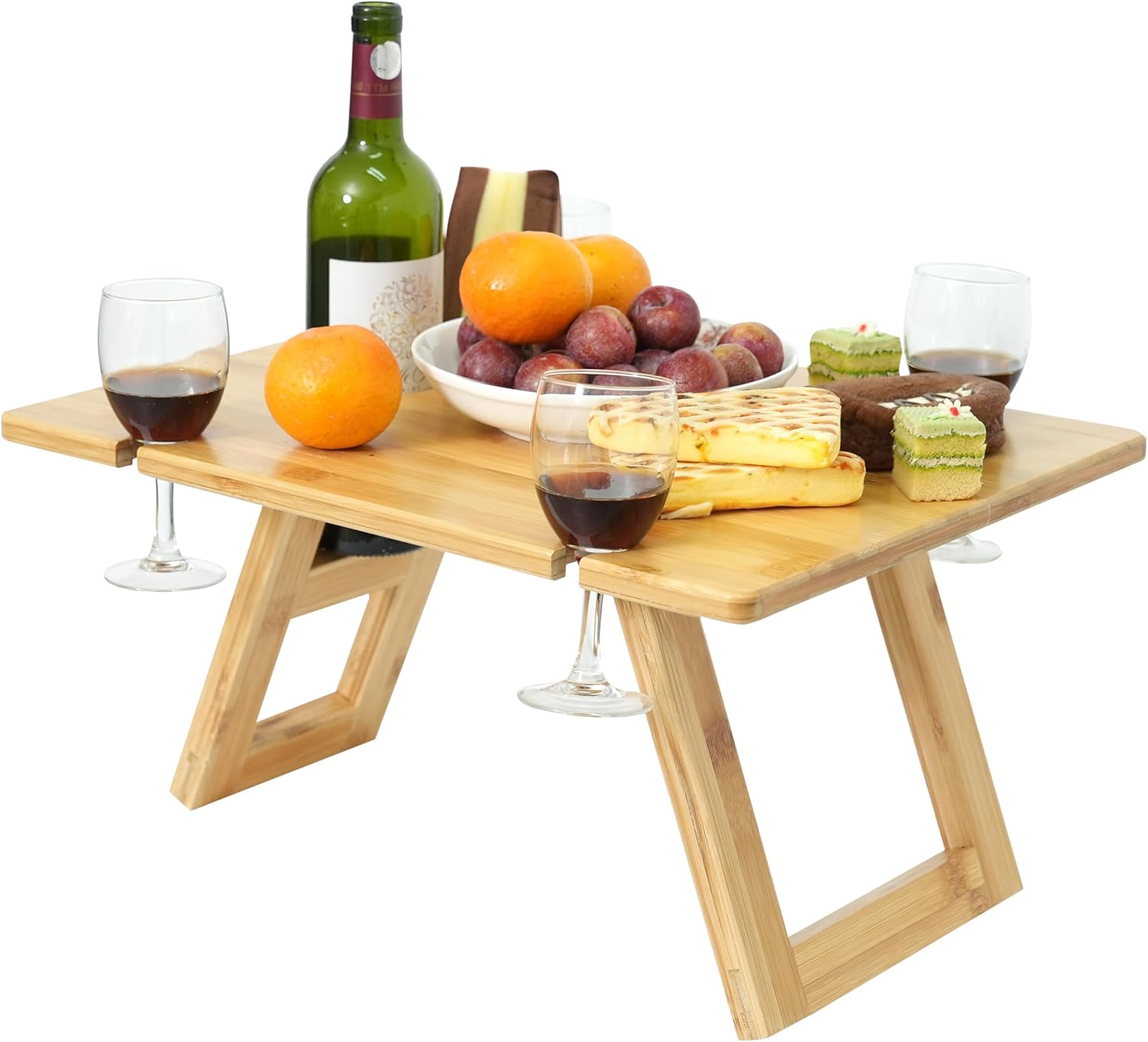 Portable Picnic Table, Foldable Table with Wine Bottle and Wine Glass Holders, Bamboo Tray Table for Camping, Beach, Park Picnic, Indoor/Outdoor Dining Table image number 2