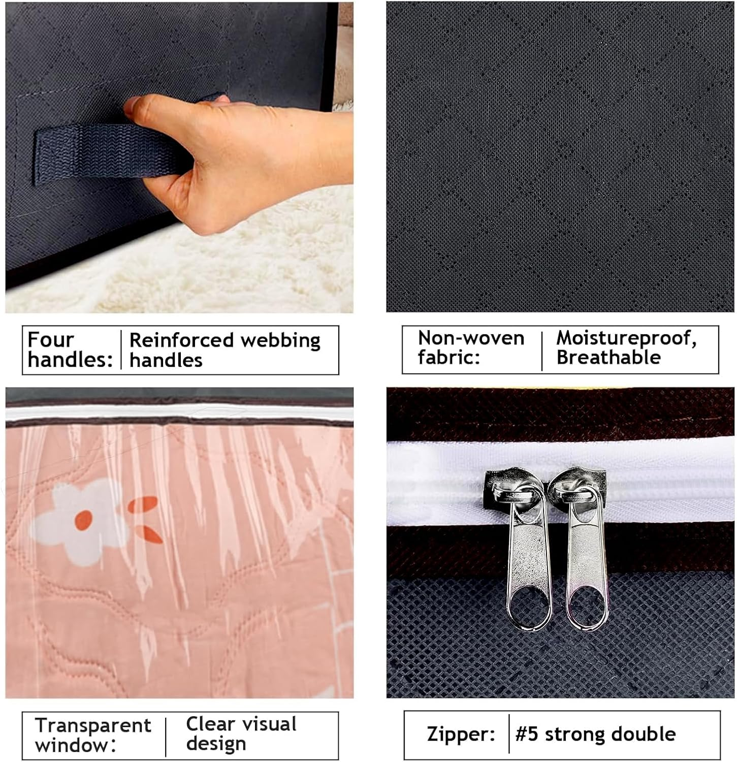 90L Underbed Storage Containers, 4 Pack Foldable under Bed Storage Box, Reinforced Handle Underbed Bags for Blankets, Clothing, Towels, Comforter, Sweaters, Pillows, Sheets(Black) image number 6