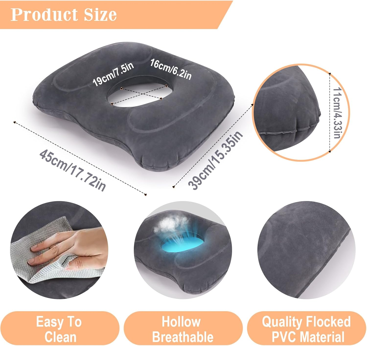 Airswim Inflatable Hemorrhoid Pillows, Donut Pillow for Tailbone Pain, Adjustable Inflatable Seat Cushion for Bed Sores, Postpartum Pregnancy, Car Seat, Airplane, 17.7'' X 15.4'' X 4.3''(Grey)