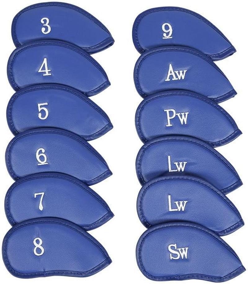 12 PCS Waterproof PU Leather Head Cover Golf Iron Club Putter Headcover 3-SW Set with Number Applique for Easy Recognition Black、Blue, Protective and Durable
