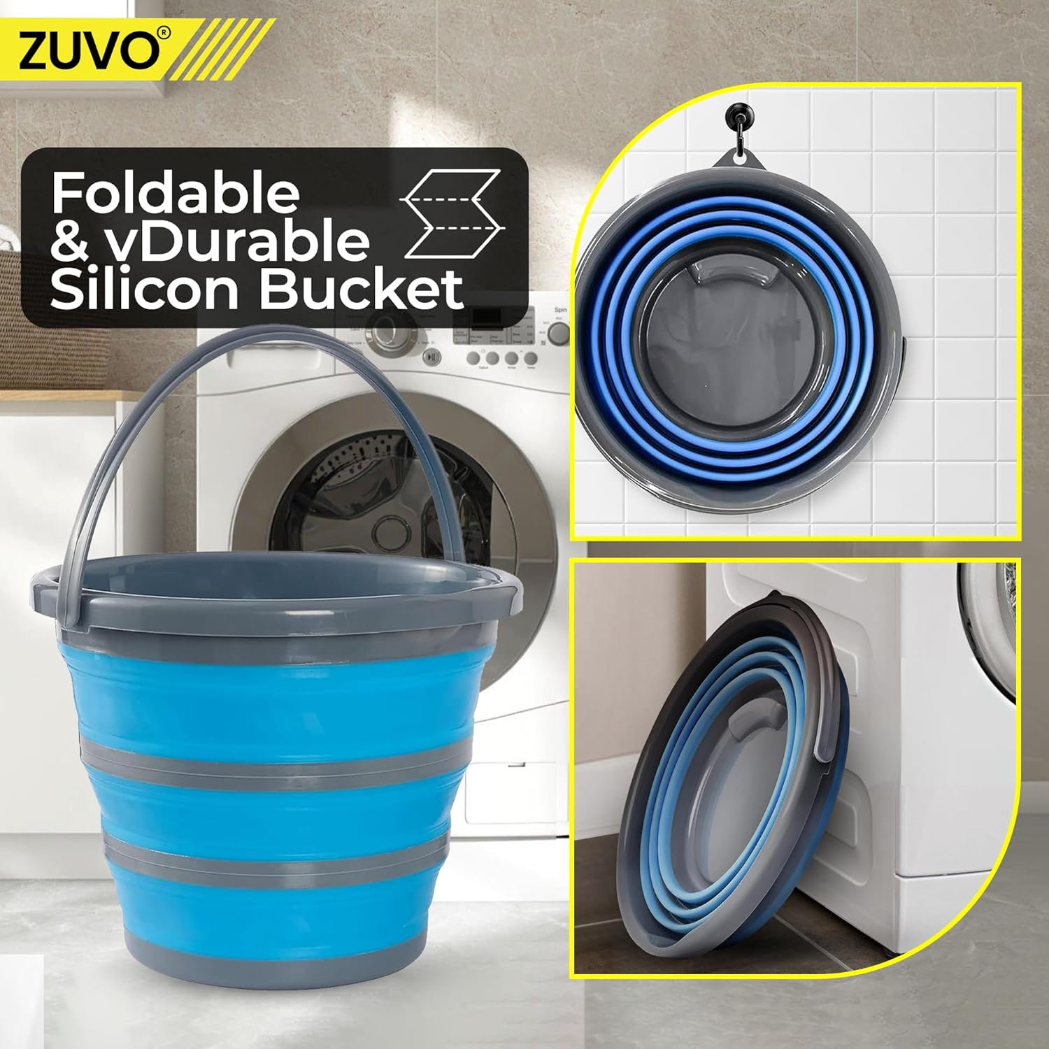 Zuvo Collapsible Bucket 10L, Silicone Folding Bucket, round Blue/Grey Mop Bucket for Cleaning Tools, Ideal for Travelling & Fishing, Space-Saving Design image number 2