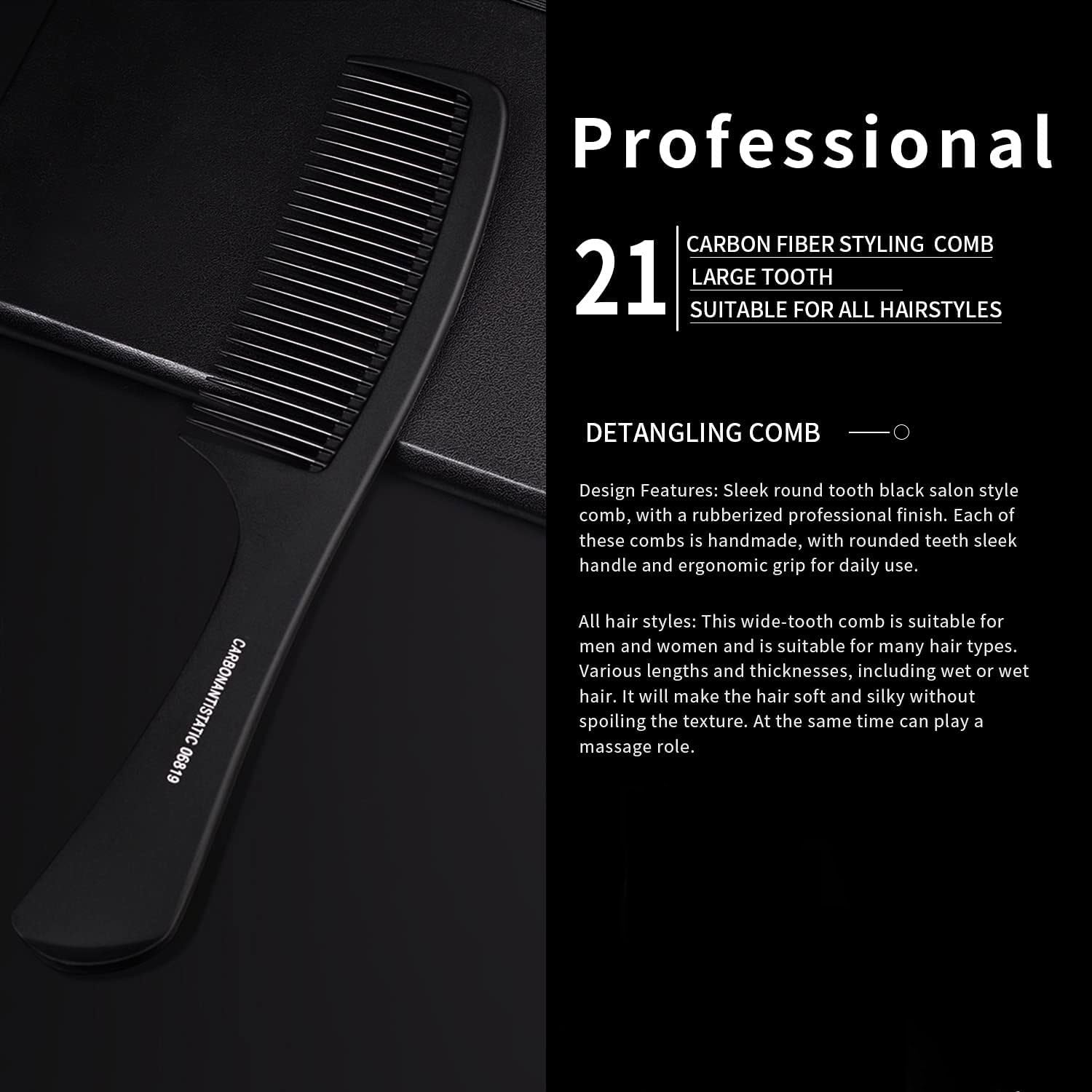 Large Detangling Comb with Professional Handle - Carbon Fiber, Cutting, Hairdressing, Styling, round Tooth, Barber, Travel Hair Comb for Men and Women （Pack of 1）