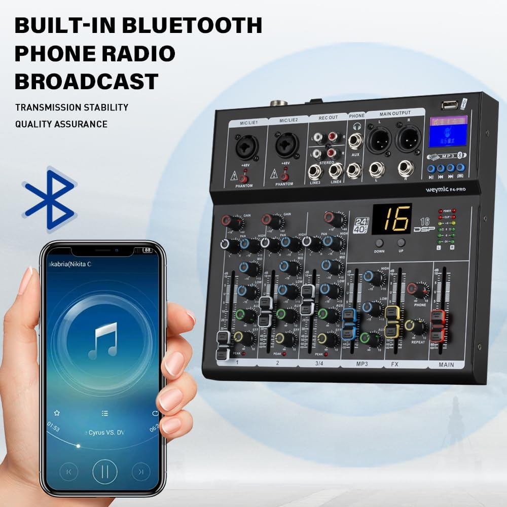 F4-Pro Professional Mixer | 4-Channel 2-Bus Mixer/W USB Audio Interface for Recording DJ Stage Karaoke Music Application image number 6