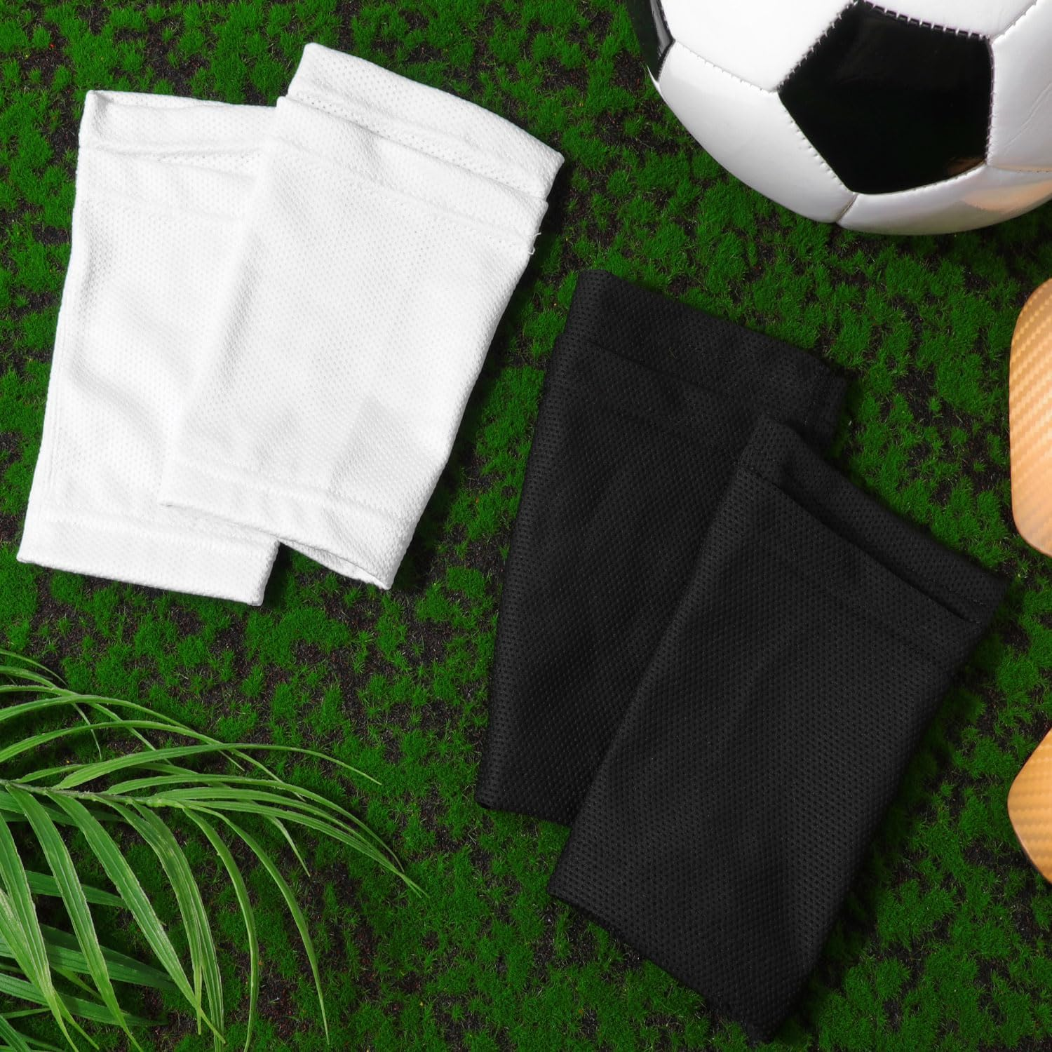 2 Pair Shin Pads Socks, Breathable Football Shin Pads Holders Soccer Shin Guard Socks Soccer Sock Sleeves Soft Calf Sleeves for Kids Adults Beginners (Black & White) image number 5