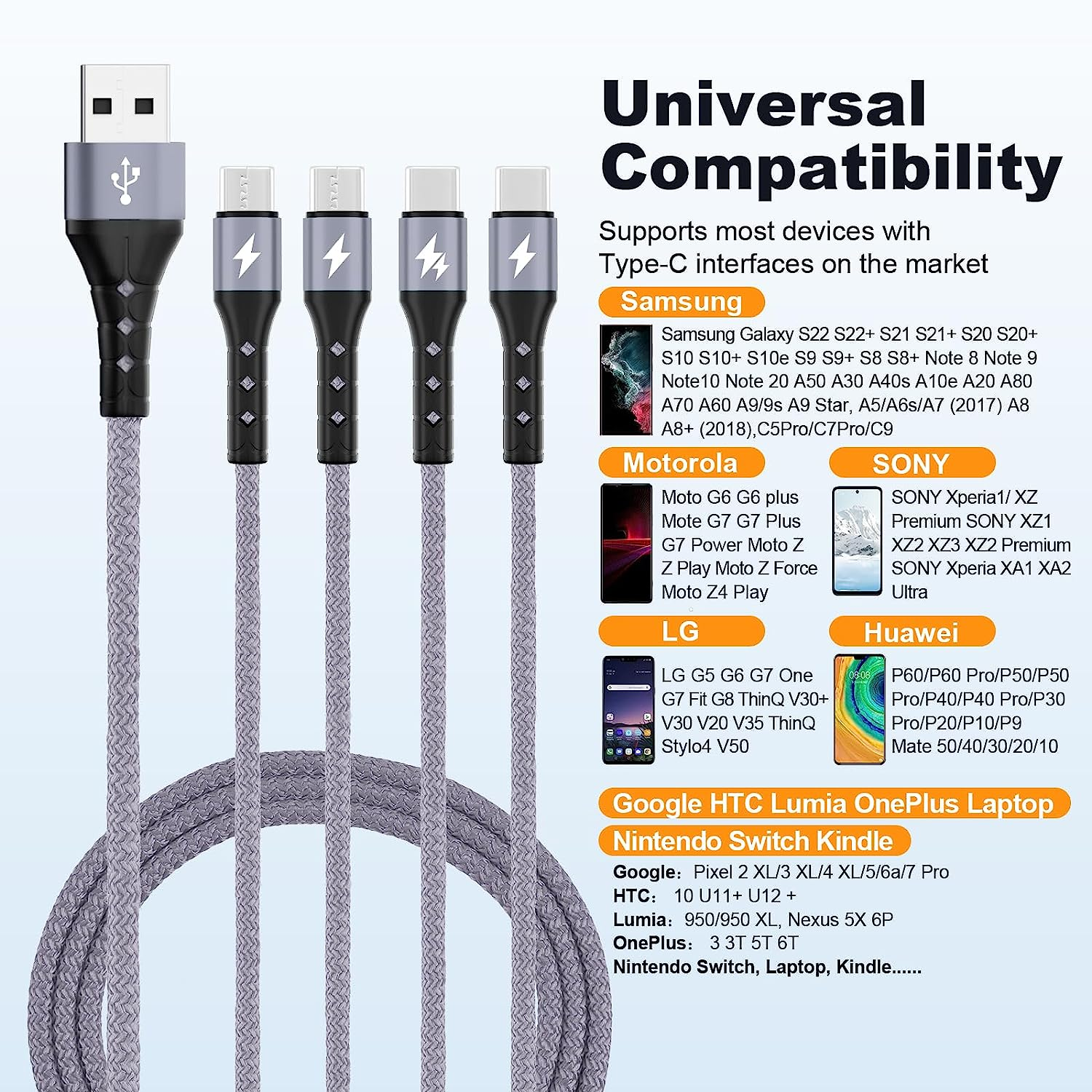SIQIWO Multi USB C Cable Fast Charging, [1.2M/QC 3.0/3A] USB C Splitter Cable, 4 in 1 Charger Cord with 4 Type C Ports, for Iphone 17/16/15 Series, Ipad Air/Pro, Samsung Galaxy S25, Pixel, Sony, PS5 image number 5